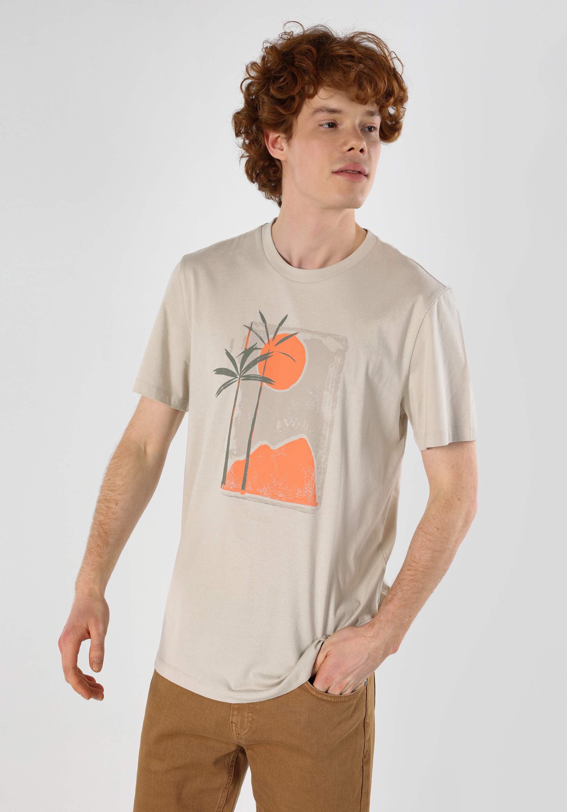 Afișați detalii pentru Regular Fit Round Neck Drept Bărbați Bej Tricou Cu Mânecă Scurtă