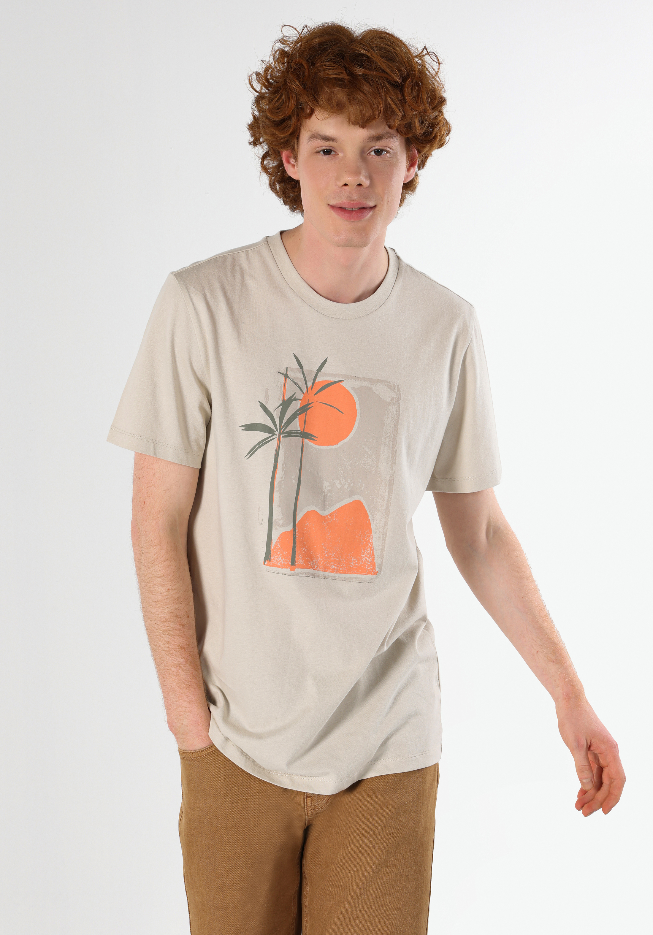 Afișați detalii pentru Regular Fit Round Neck Drept Bărbați Bej Tricou Cu Mânecă Scurtă