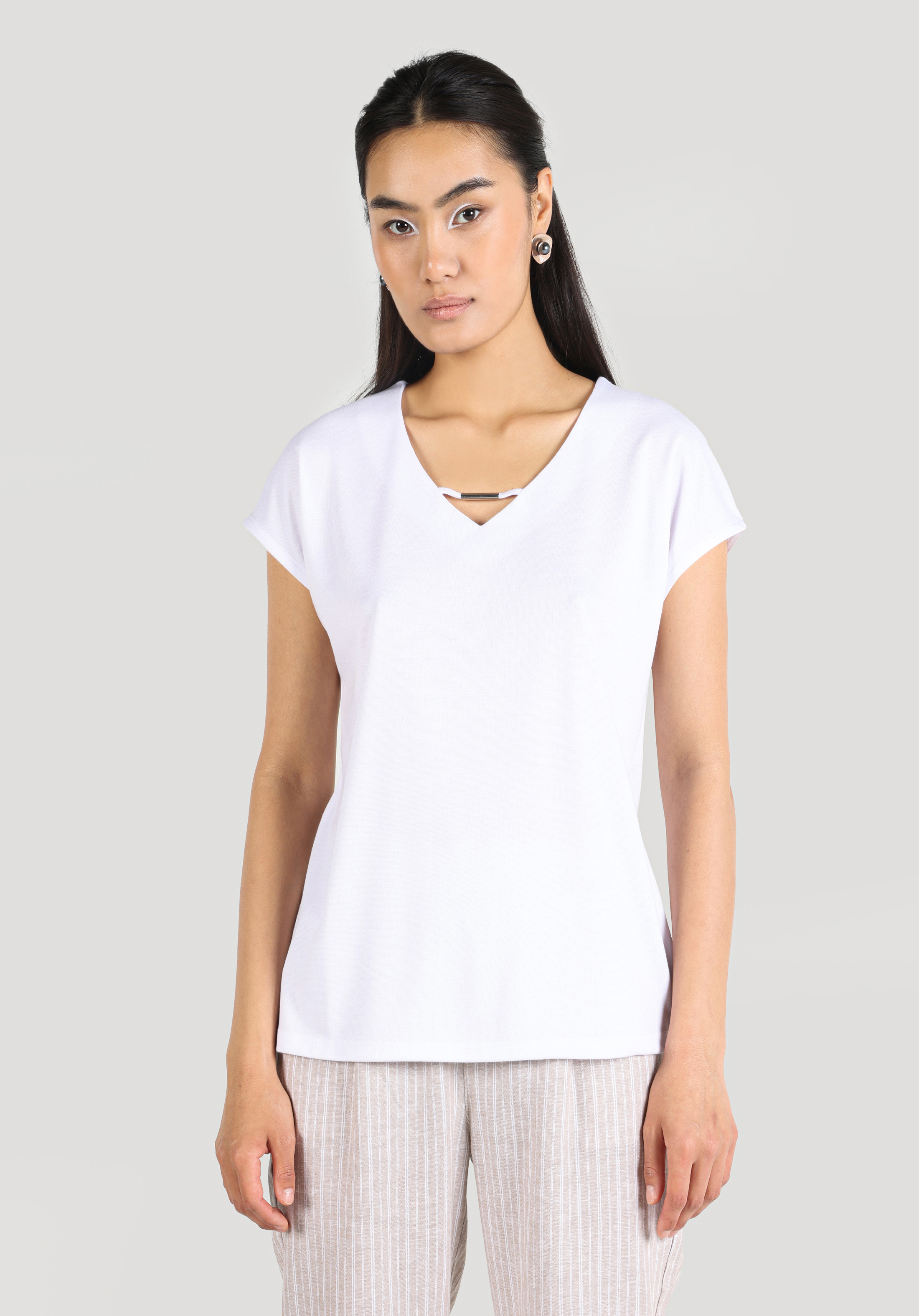 Afișați detalii pentru Regular Fit V-Neck Drept Tricou Alb Cu Mânecă Scurtă Pentru Femei