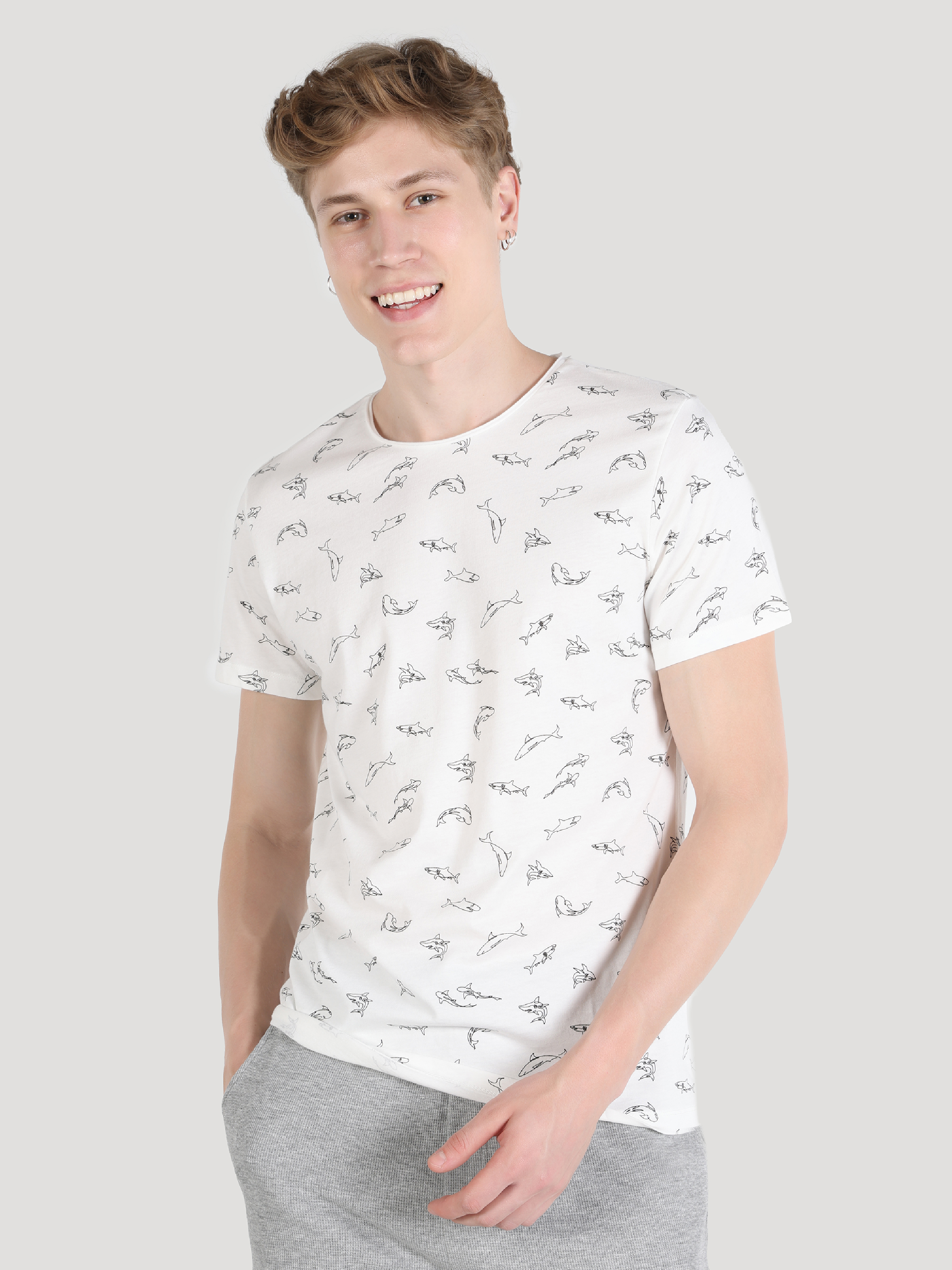 Afișați detalii pentru Regular Fit Round Neck Printed Tricou Alb Cu Mânecă Scurtă Pentru Bărbați