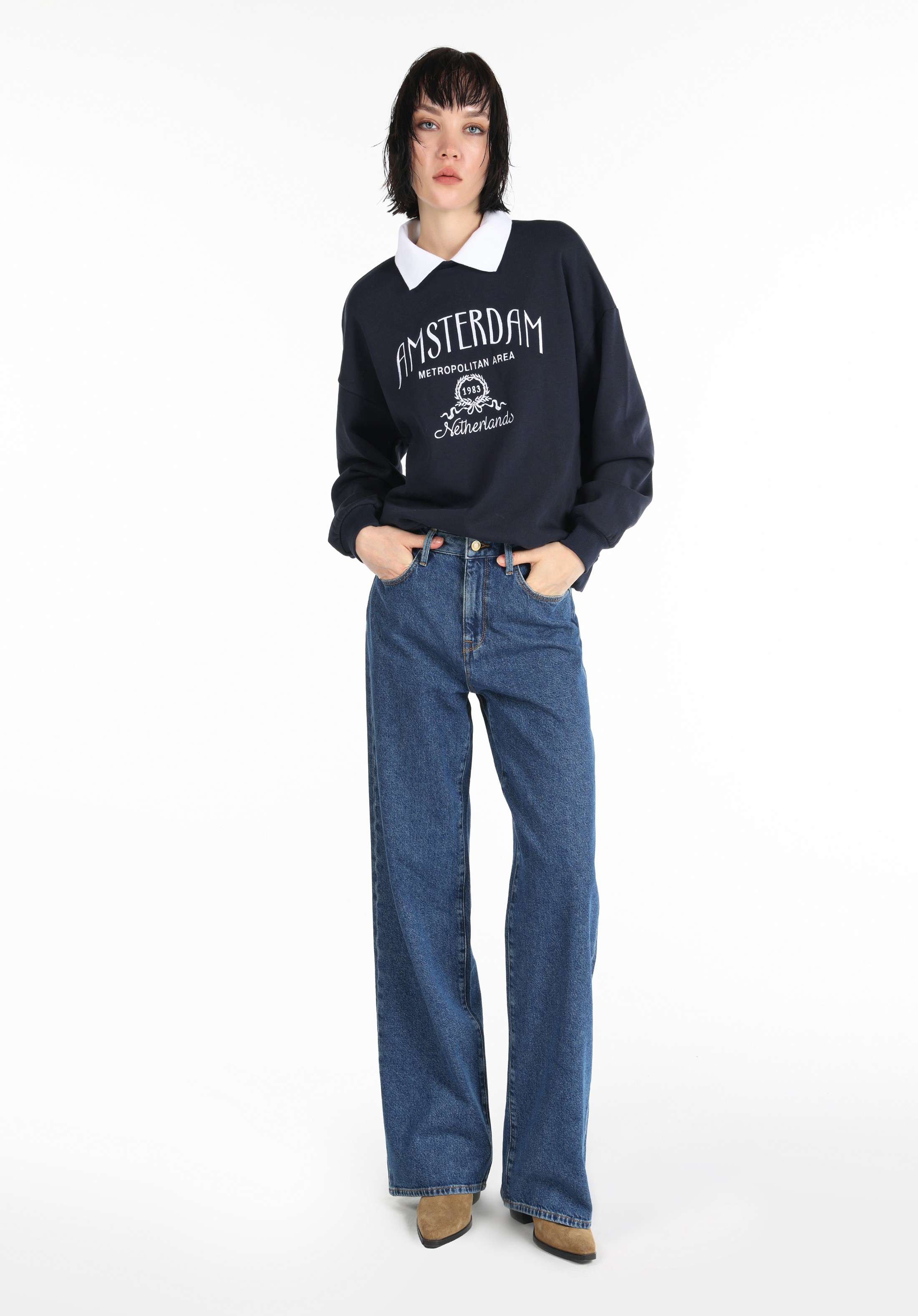 Afișați detalii pentru Regular Fit Polo Neck Brodat Hanorac Bleumarin Pentru Femei