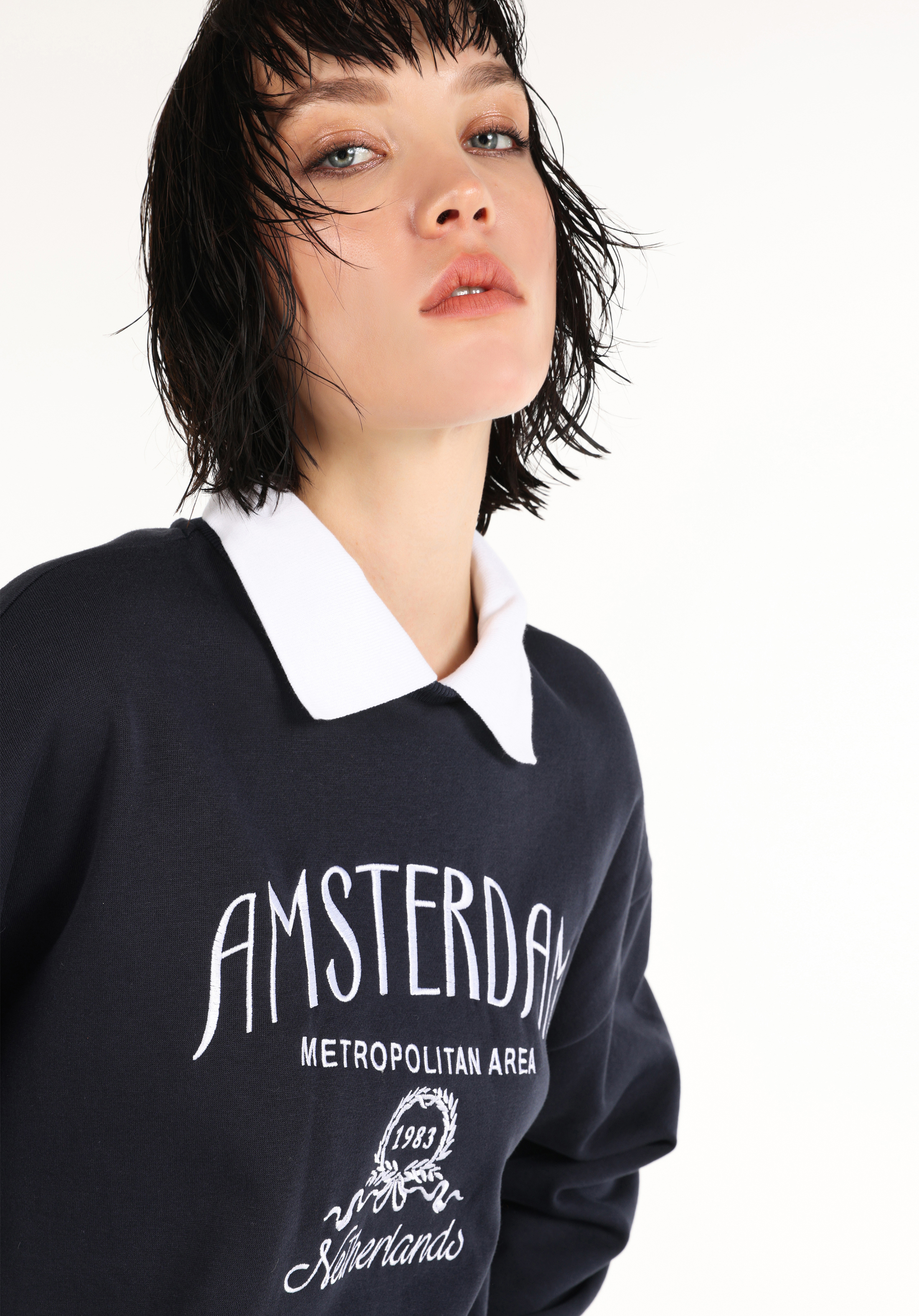 Afișați detalii pentru Regular Fit Polo Neck Brodat Hanorac Bleumarin Pentru Femei