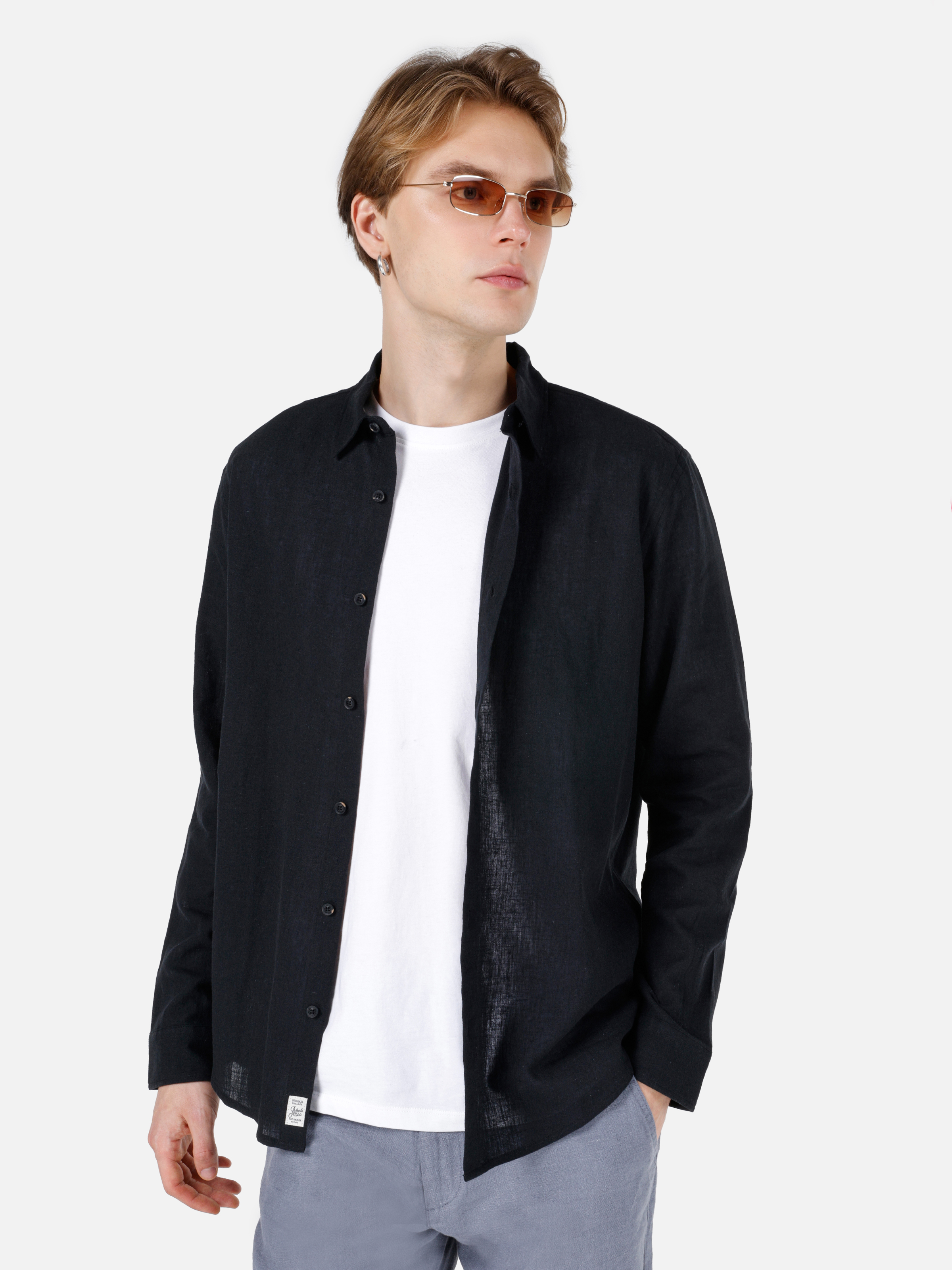 Afișați detalii pentru Cămașă Comfort Fit Neck Drept Bărbați Negru Cămașă Cu Mânecă Lungă