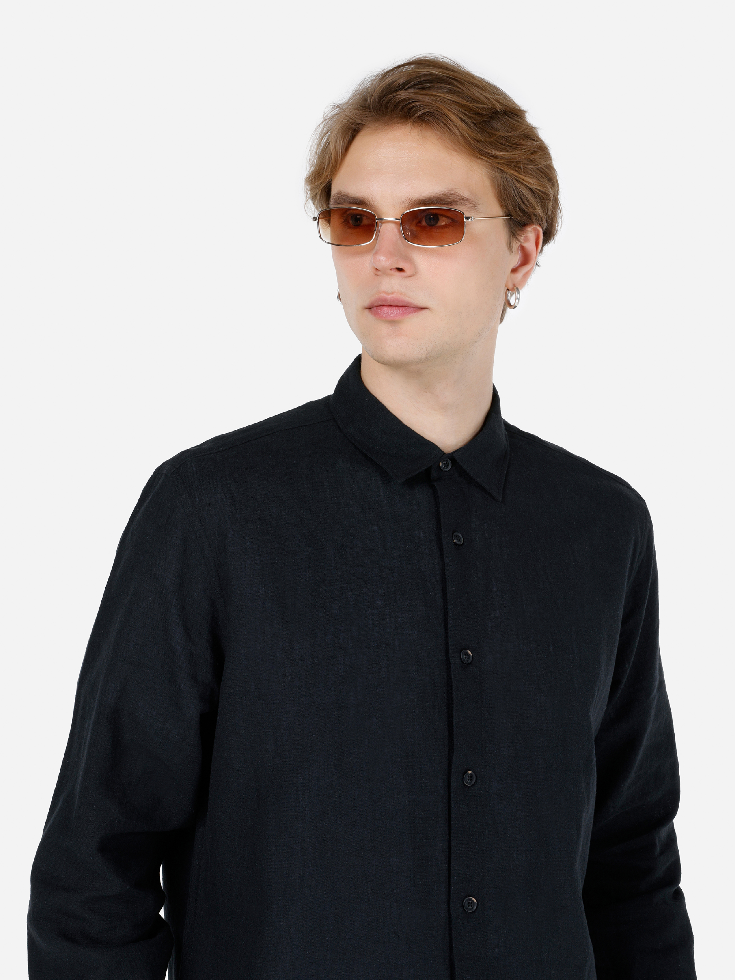 Afișați detalii pentru Cămașă Comfort Fit Neck Drept Bărbați Negru Cămașă Cu Mânecă Lungă