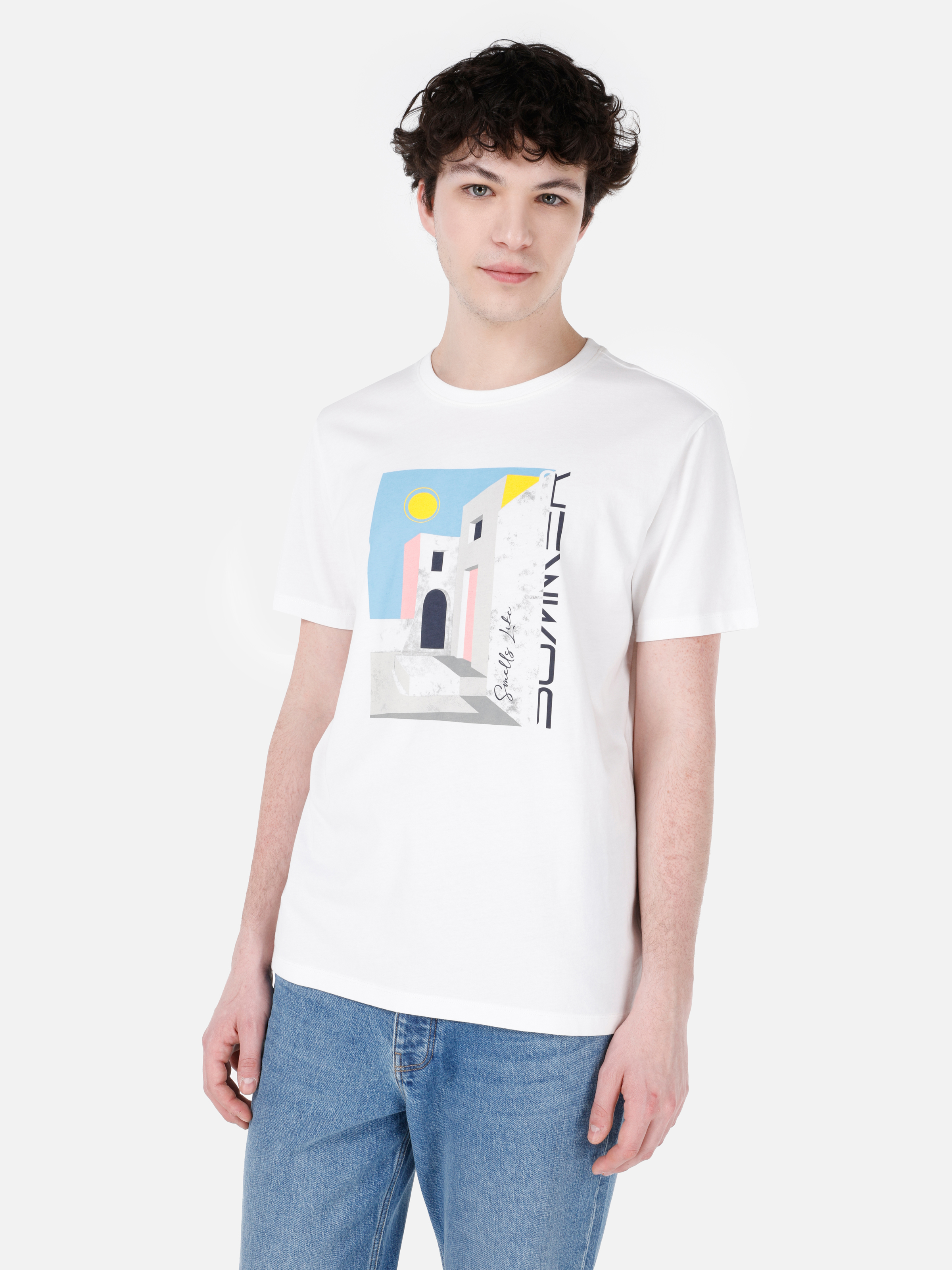 Afișați detalii pentru Regular Fit Round Neck Drept Bărbați Alb Mânecă Scurtă Tricou