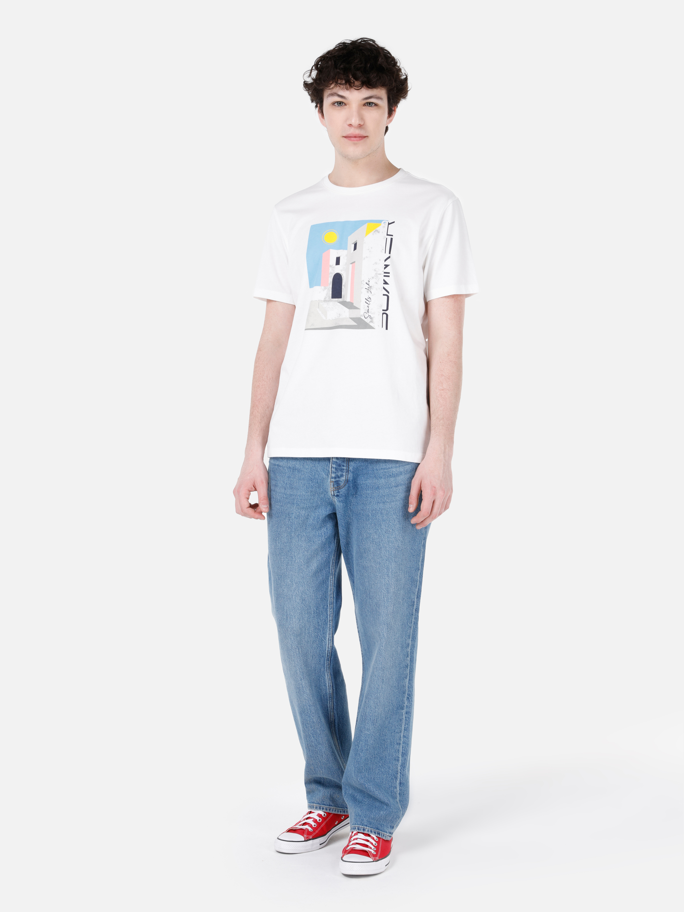 Afișați detalii pentru Regular Fit Round Neck Drept Bărbați Alb Mânecă Scurtă Tricou