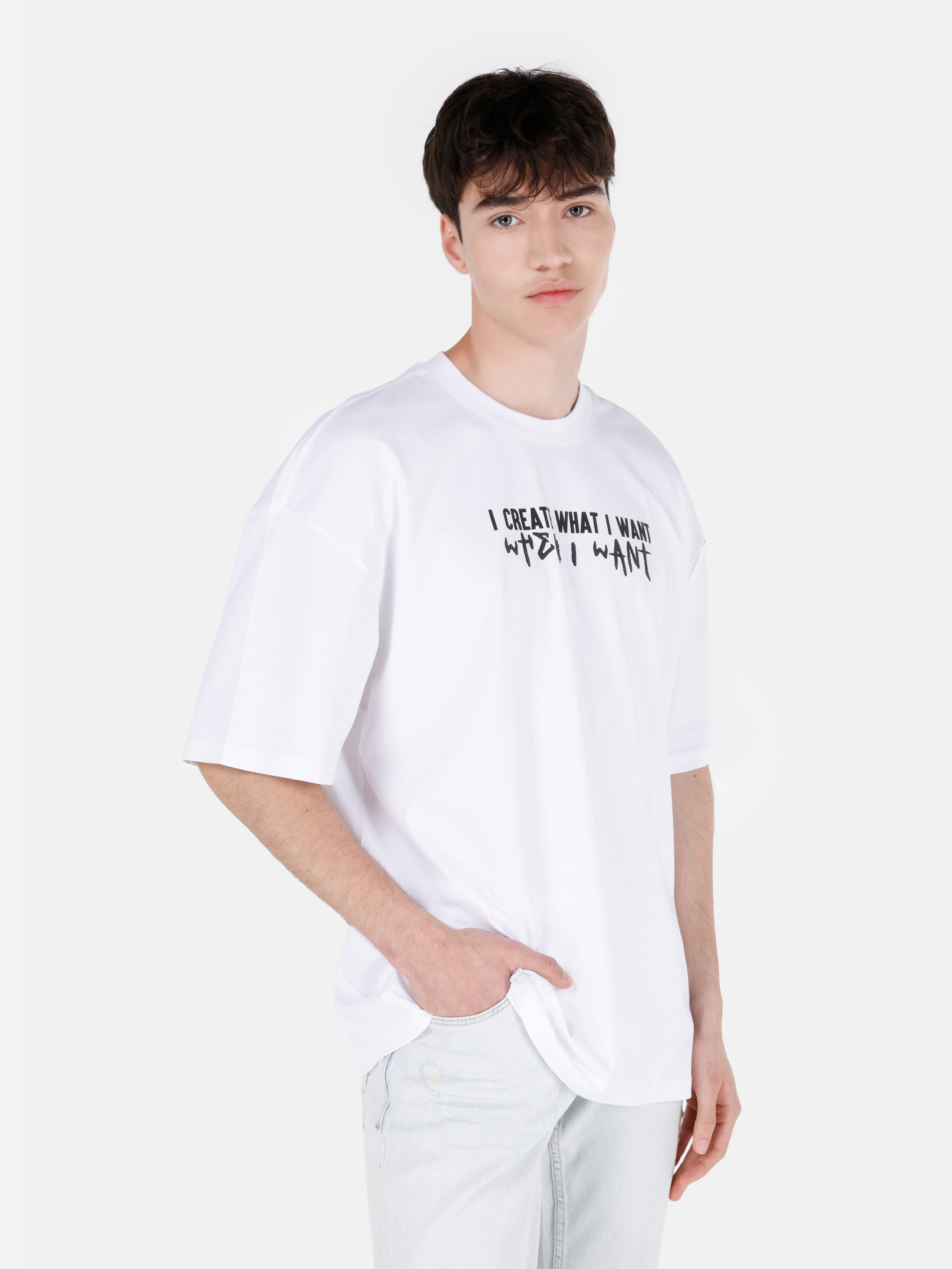 Afișați detalii pentru Tricou Supradimensionat Cu Gât Rotund Drept Pentru Bărbați Alb Cu Mânecă Scurtă