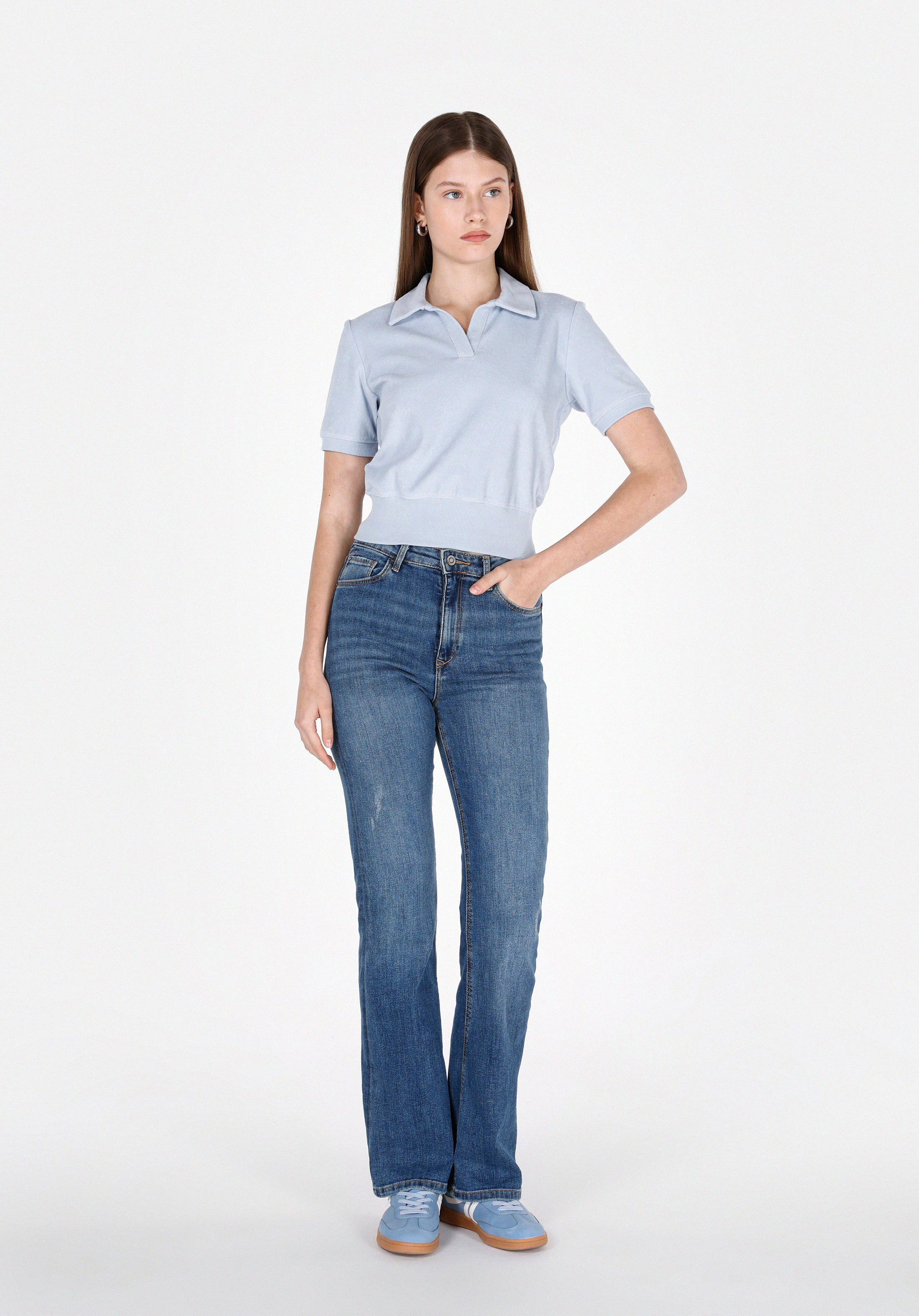 Afișați detalii pentru Slim Fit Polo Neck Drept Tricou Albastru Manșon Scurt Pentru Femei