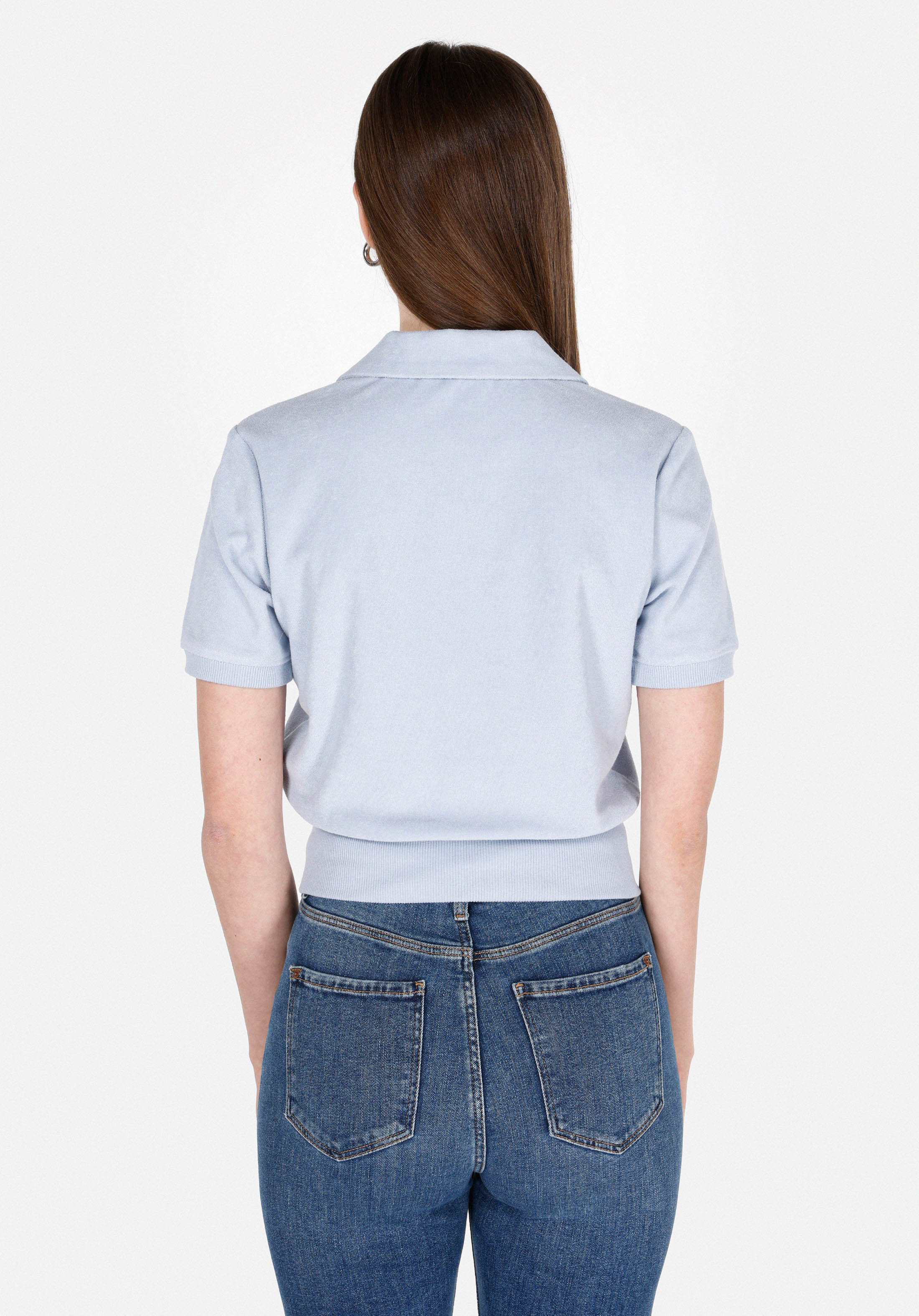 Afișați detalii pentru Slim Fit Polo Neck Drept Tricou Albastru Manșon Scurt Pentru Femei