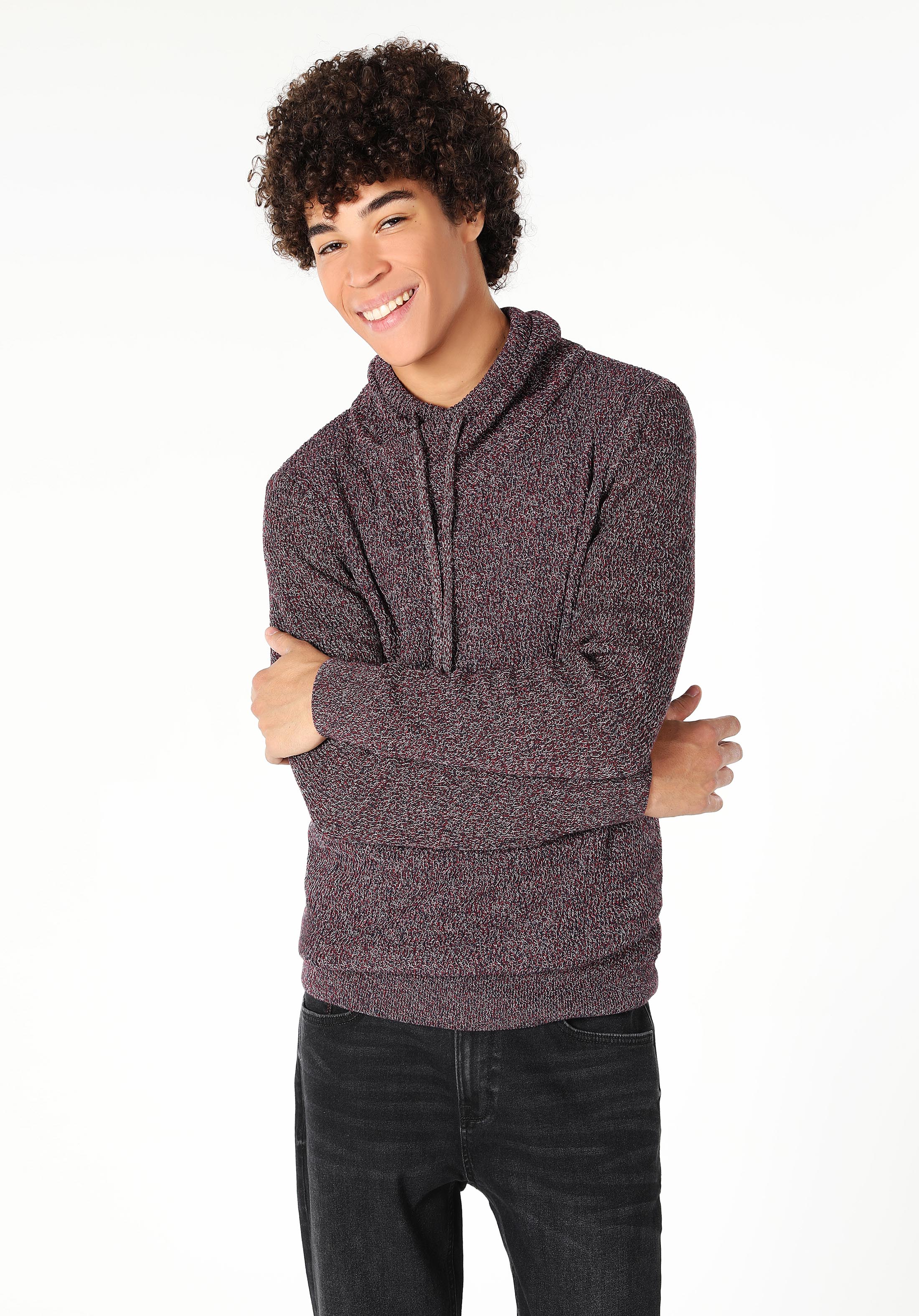 Afișați detalii pentru Pulover Slim Fit Turtle Neck Jacquard Pentru Bărbați Burgundy