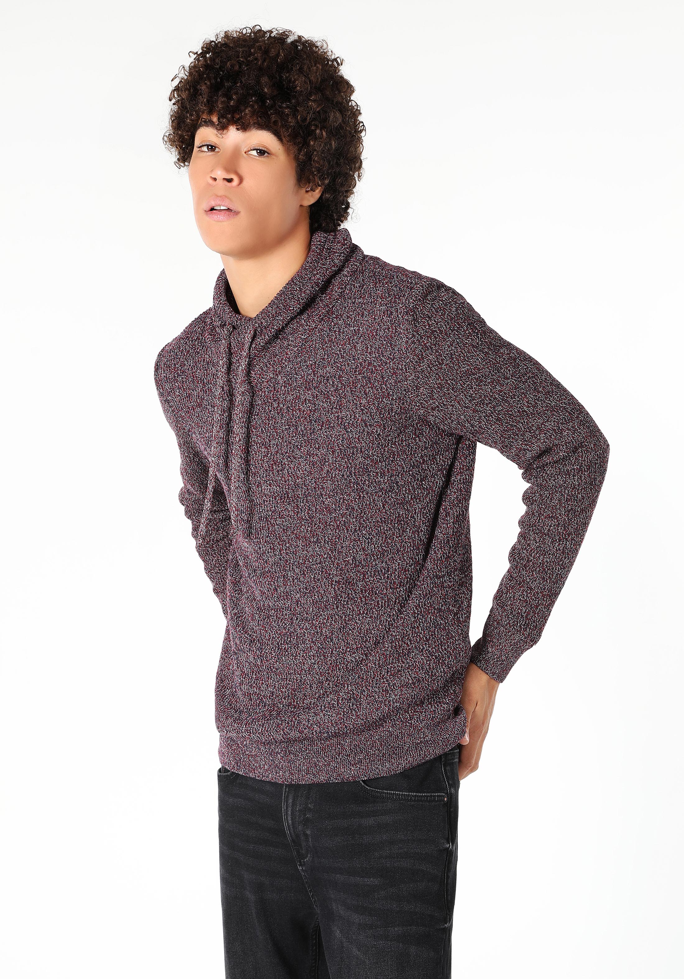Afișați detalii pentru Pulover Slim Fit Turtle Neck Jacquard Pentru Bărbați Burgundy