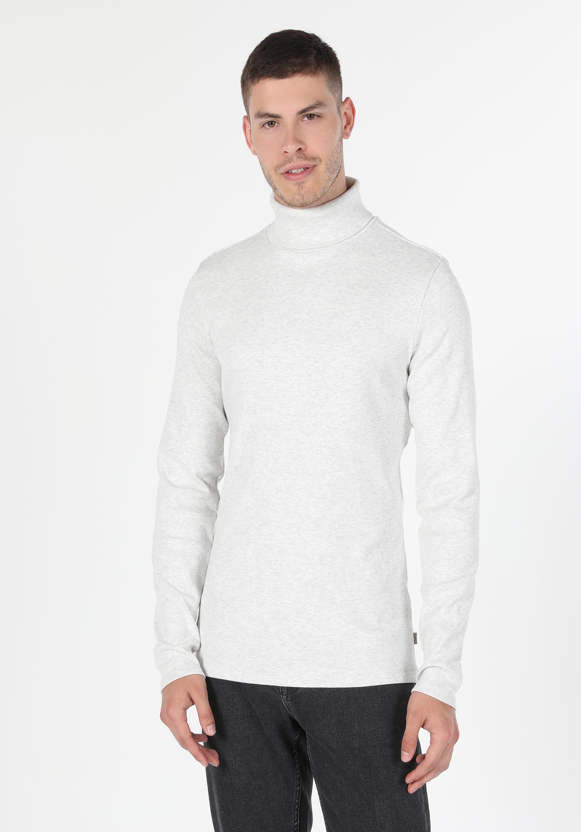 Afișați detalii pentru Slim Fit Half Turtleneck Drept Bărbați Stone Tricou Cu Mânecă Lungă