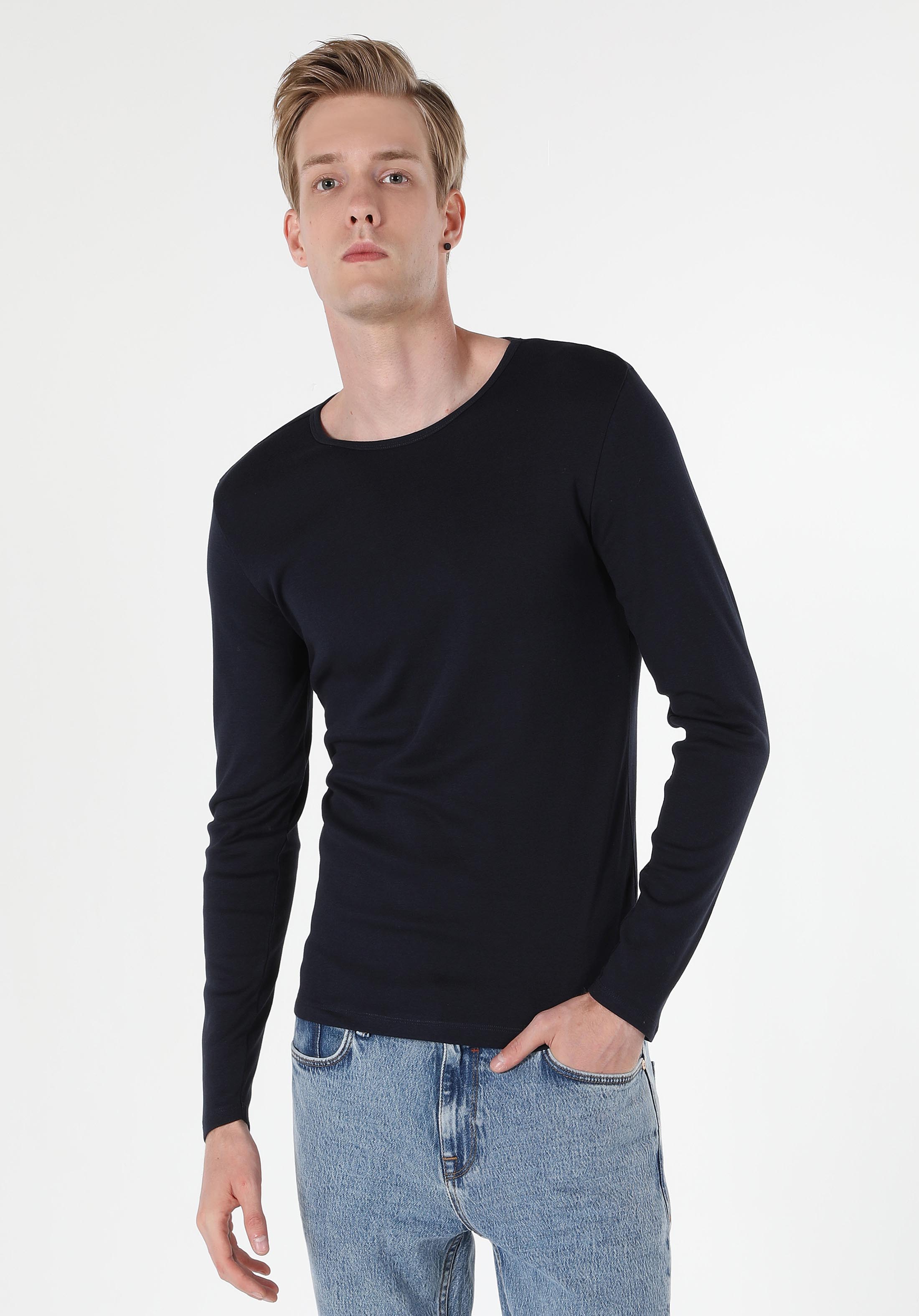 Afișați detalii pentru Tricou Cu Maneca Lunga De Barbati Albastru Marin Slim Fit  Cl1051052