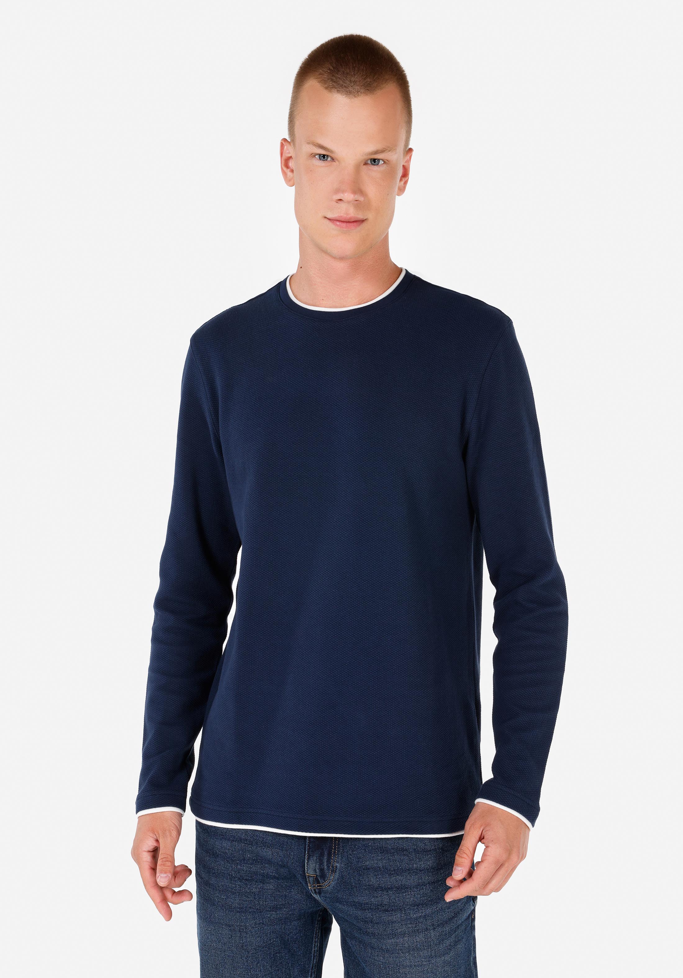 Afișați detalii pentru Regular Fit Round Neck Drept Bărbați Bleumarin Tricou Cu Mânecă Lungă