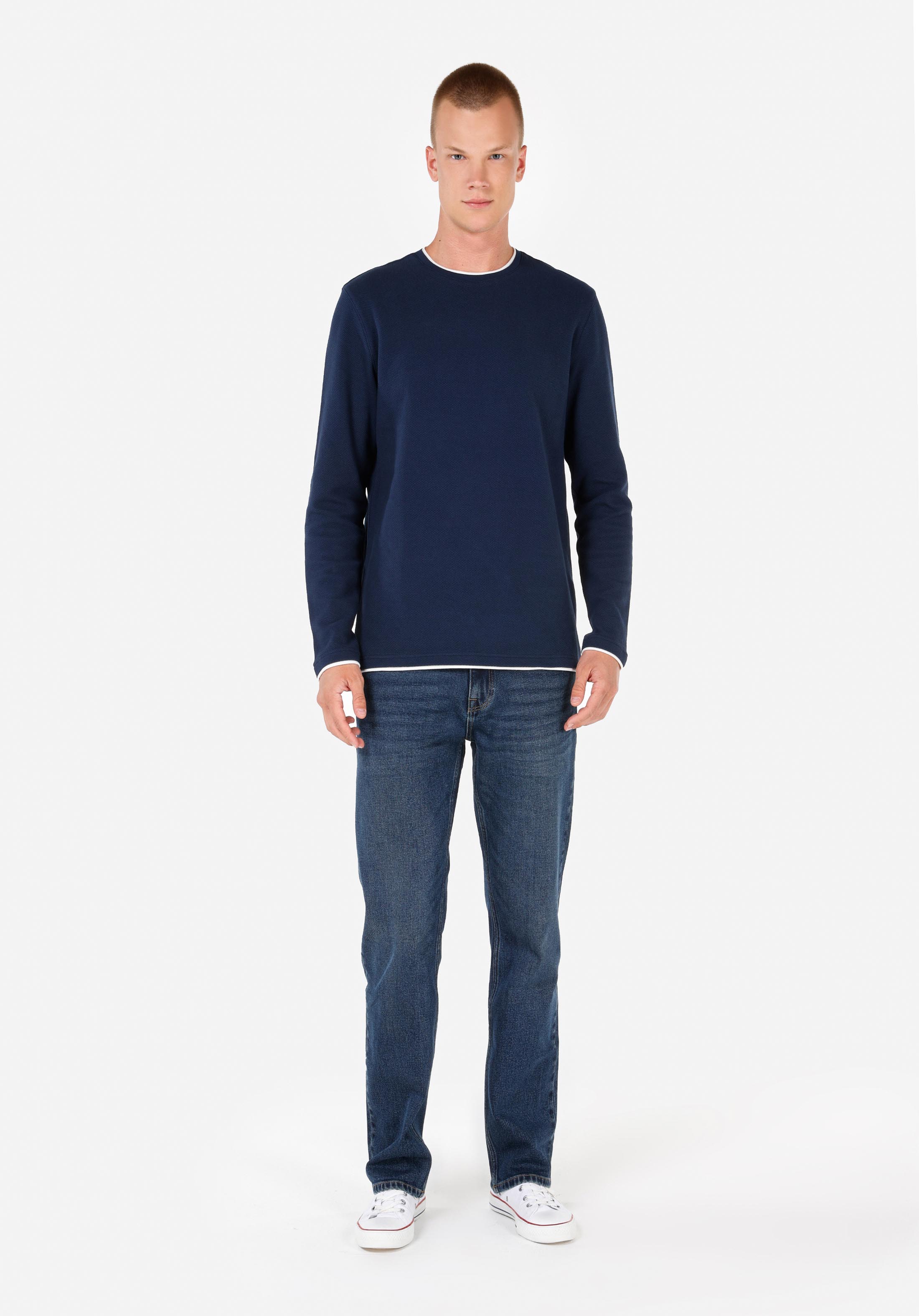 Afișați detalii pentru Regular Fit Round Neck Drept Bărbați Bleumarin Tricou Cu Mânecă Lungă