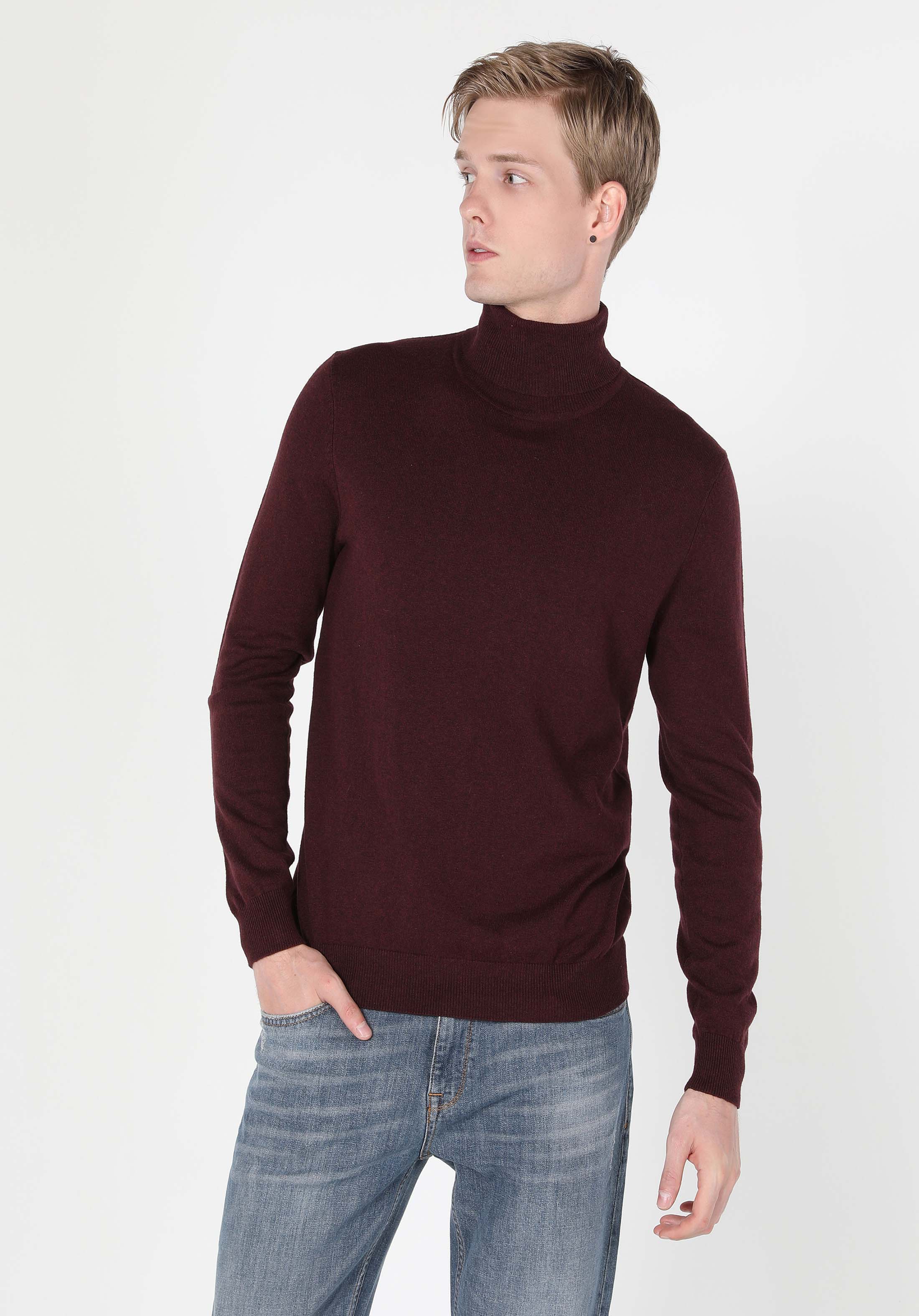 Afișați detalii pentru Pulover Mov Pentru Bărbați Slim Fit Turtleneck Jacquard