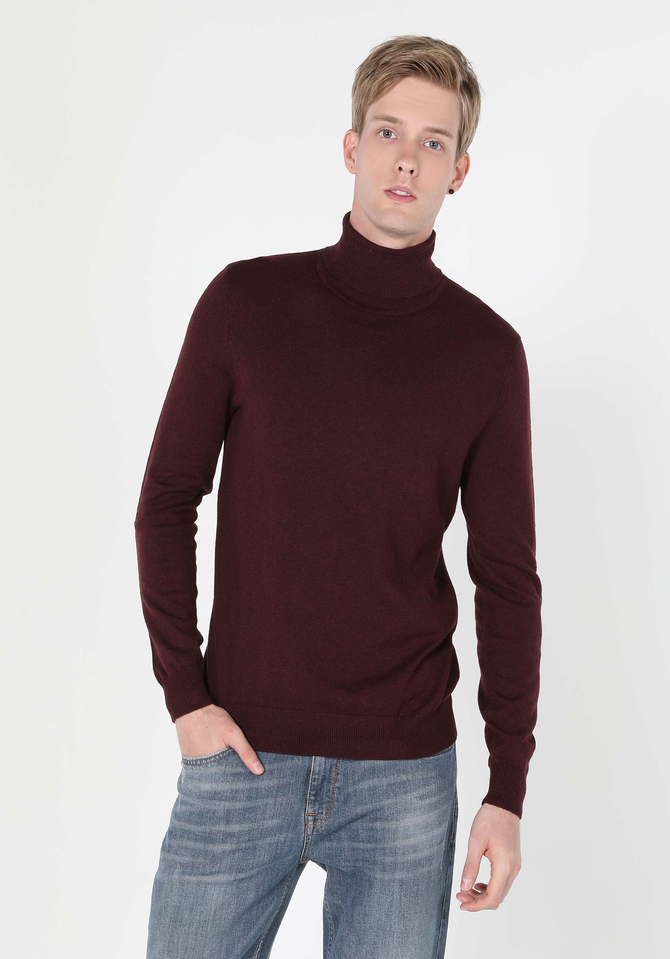 Afișați detalii pentru Pulover Mov Pentru Bărbați Slim Fit Turtleneck Jacquard