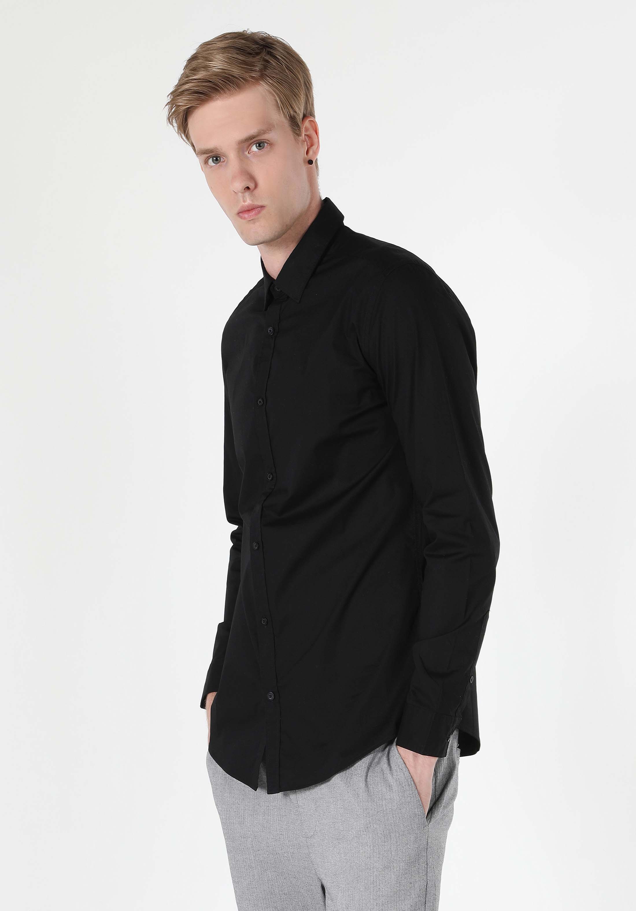 Afișați detalii pentru Cămașă Super Slim Fit Cu Gât Drept Cămașă Neagră Cu Mânecă Lungă Pentru Bărbați