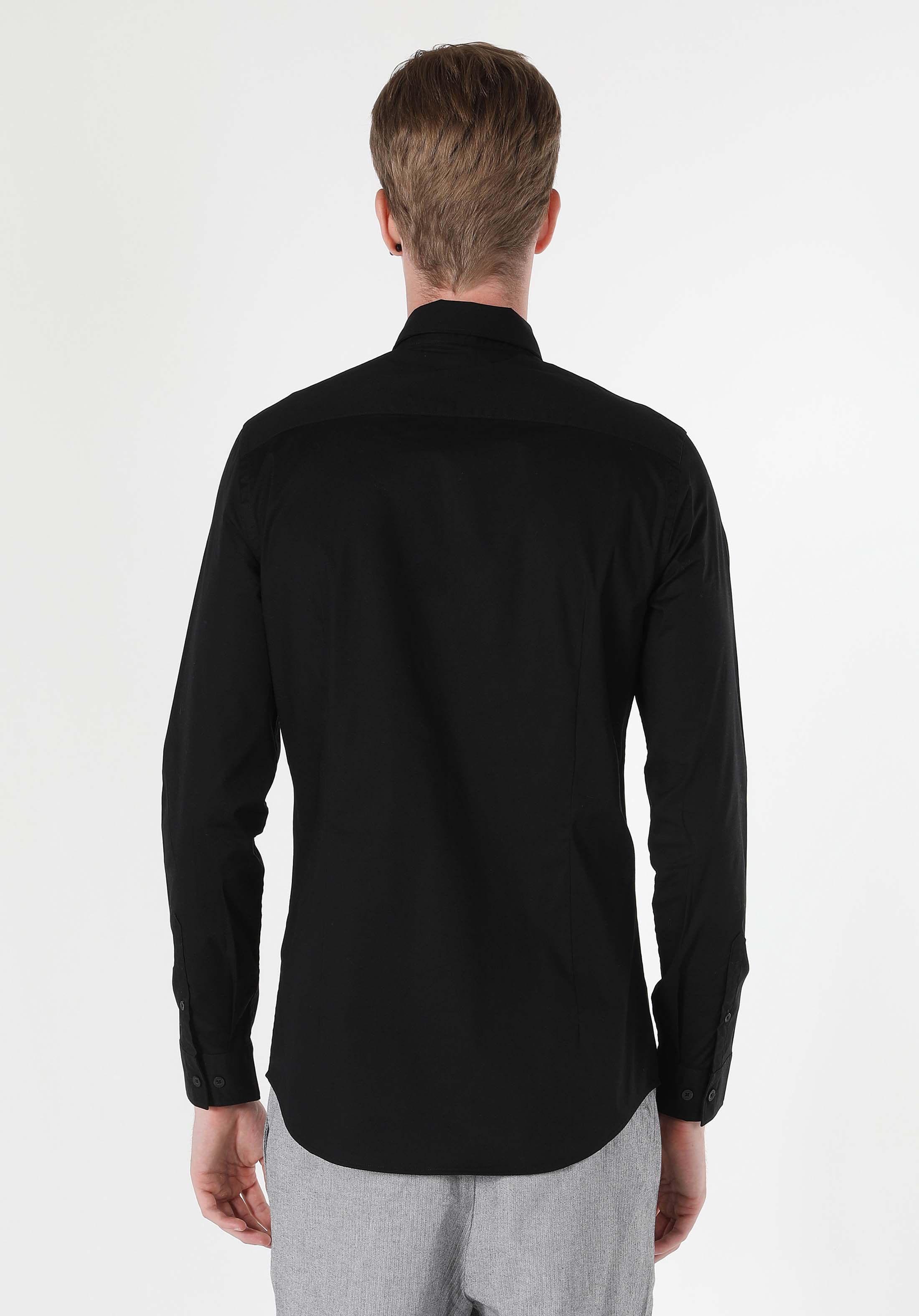 Afișați detalii pentru Cămașă Super Slim Fit Cu Gât Drept Cămașă Neagră Cu Mânecă Lungă Pentru Bărbați