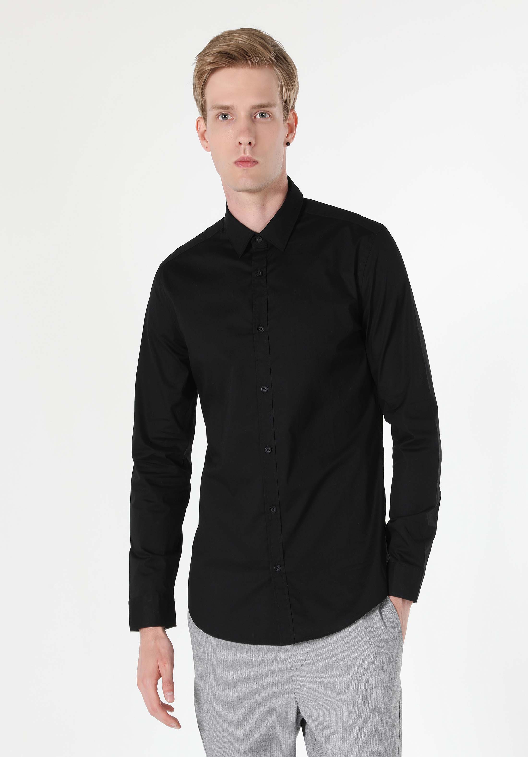 Afișați detalii pentru Cămașă Super Slim Fit Cu Gât Drept Cămașă Neagră Cu Mânecă Lungă Pentru Bărbați