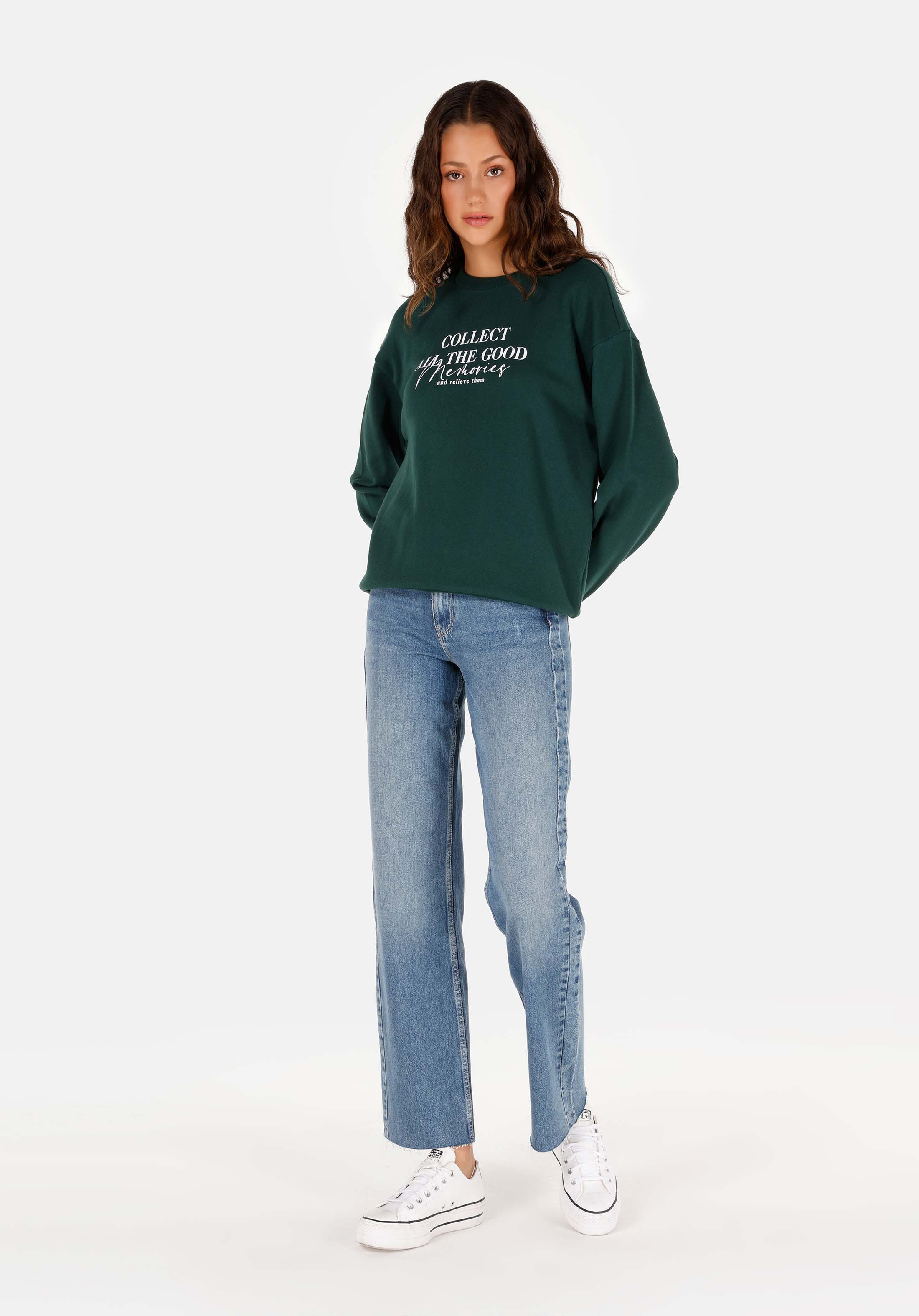 Afișați detalii pentru Regular Fit Round Neck Imprimeu Hanorac Verde Pentru Femei