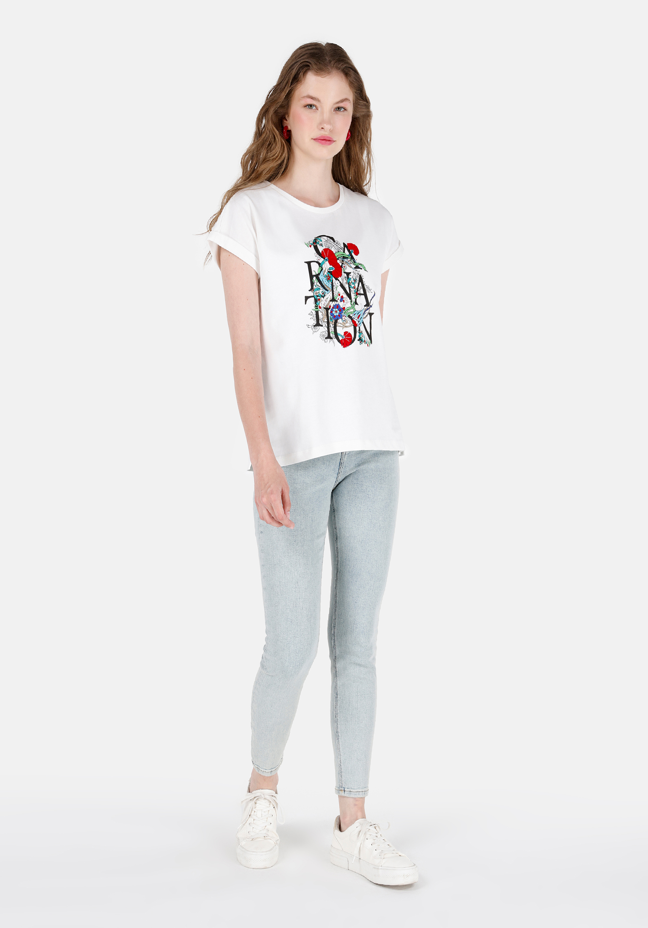 Afișați detalii pentru Regular Fit Round Neck Imprimat Tricou Alb Cu Mânecă Scurtă Pentru Femei