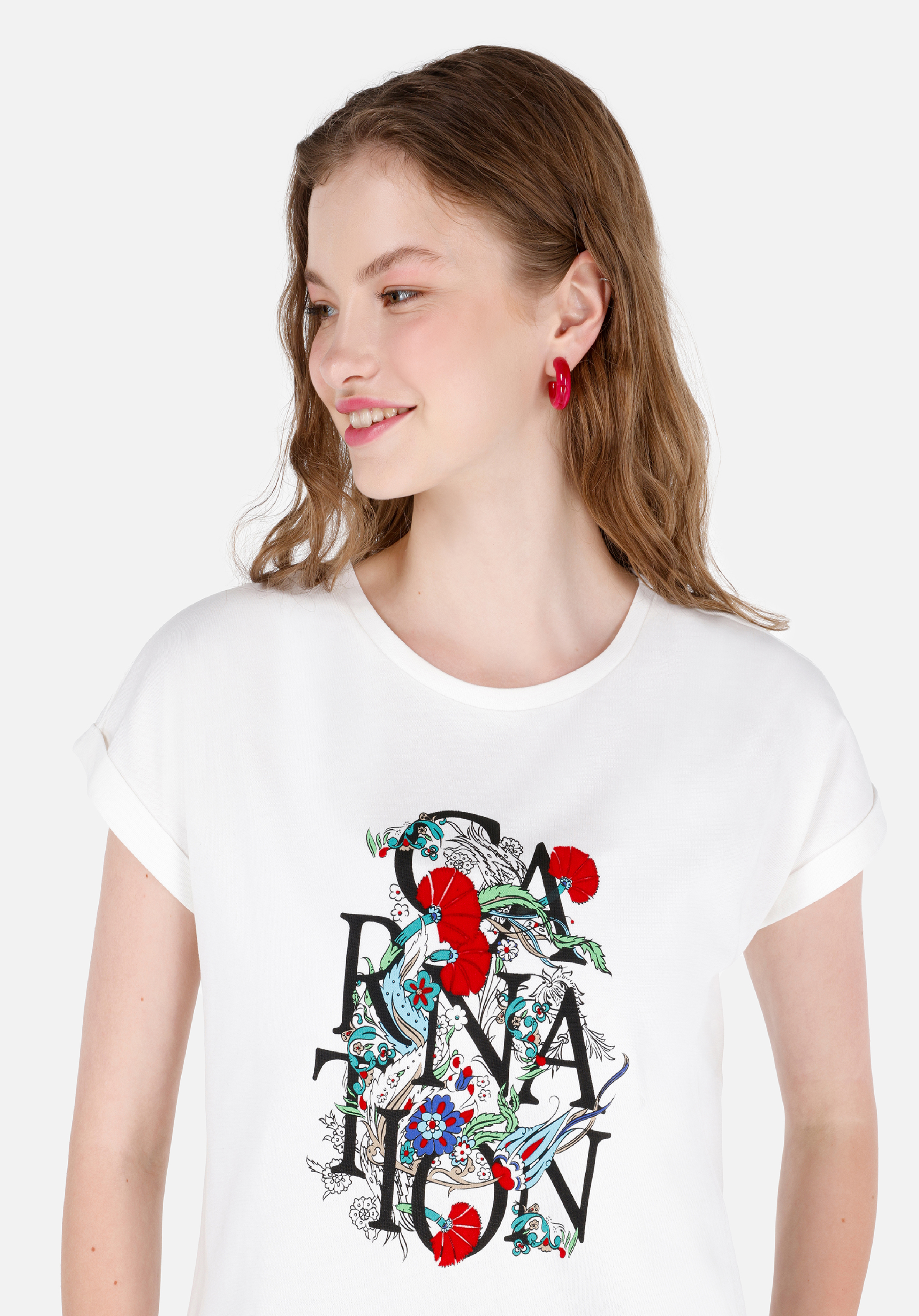 Afișați detalii pentru Regular Fit Round Neck Imprimat Tricou Alb Cu Mânecă Scurtă Pentru Femei