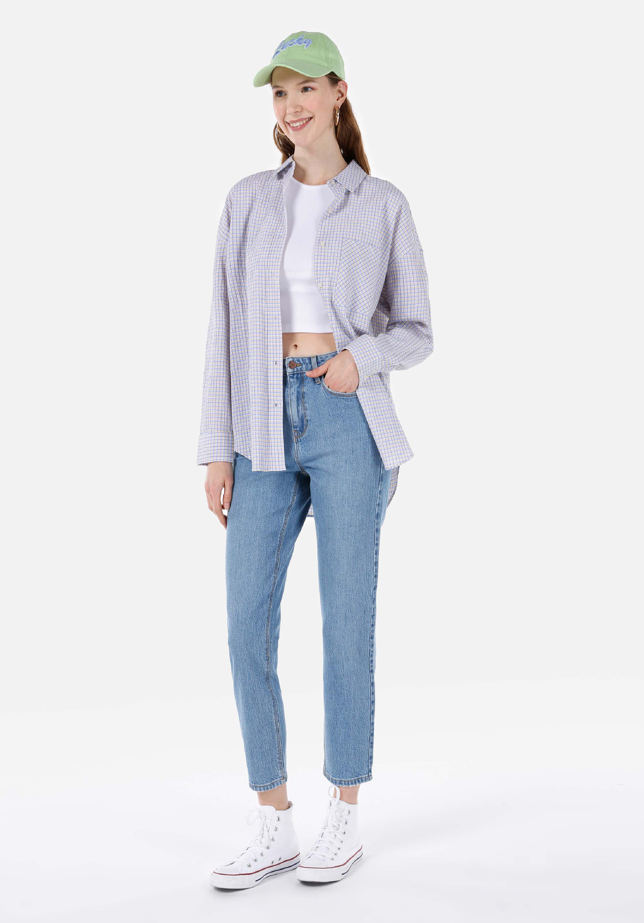 Afișați detalii pentru Mom Fit Rising Waist Shrinking Leg Blugi İndigo Pentru Femei