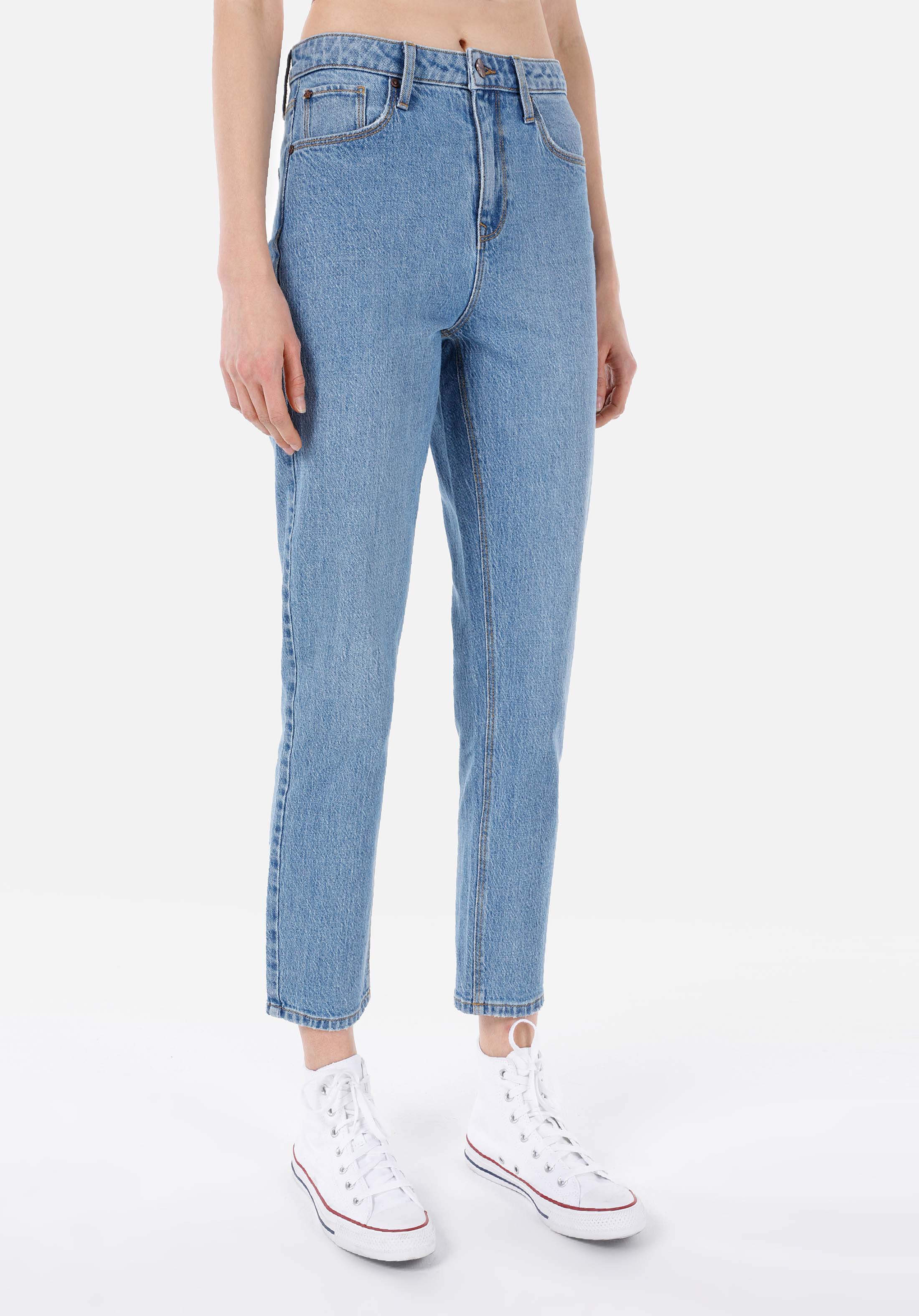 Afișați detalii pentru Mom Fit Rising Waist Shrinking Leg Blugi İndigo Pentru Femei