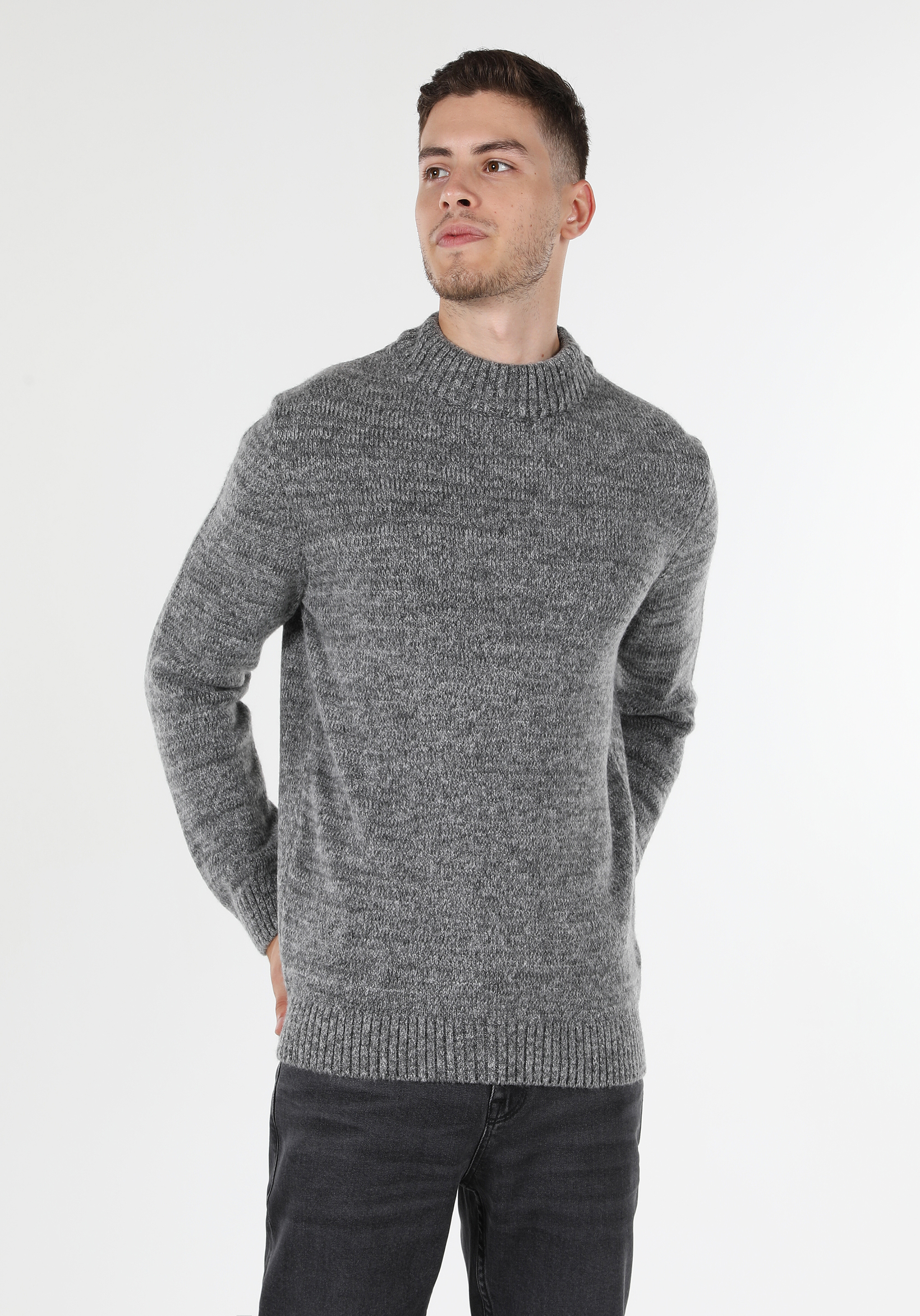 Afișați detalii pentru Pulover Gri Pentru Bărbați Regular Fit Half Turtleneck Jacquard