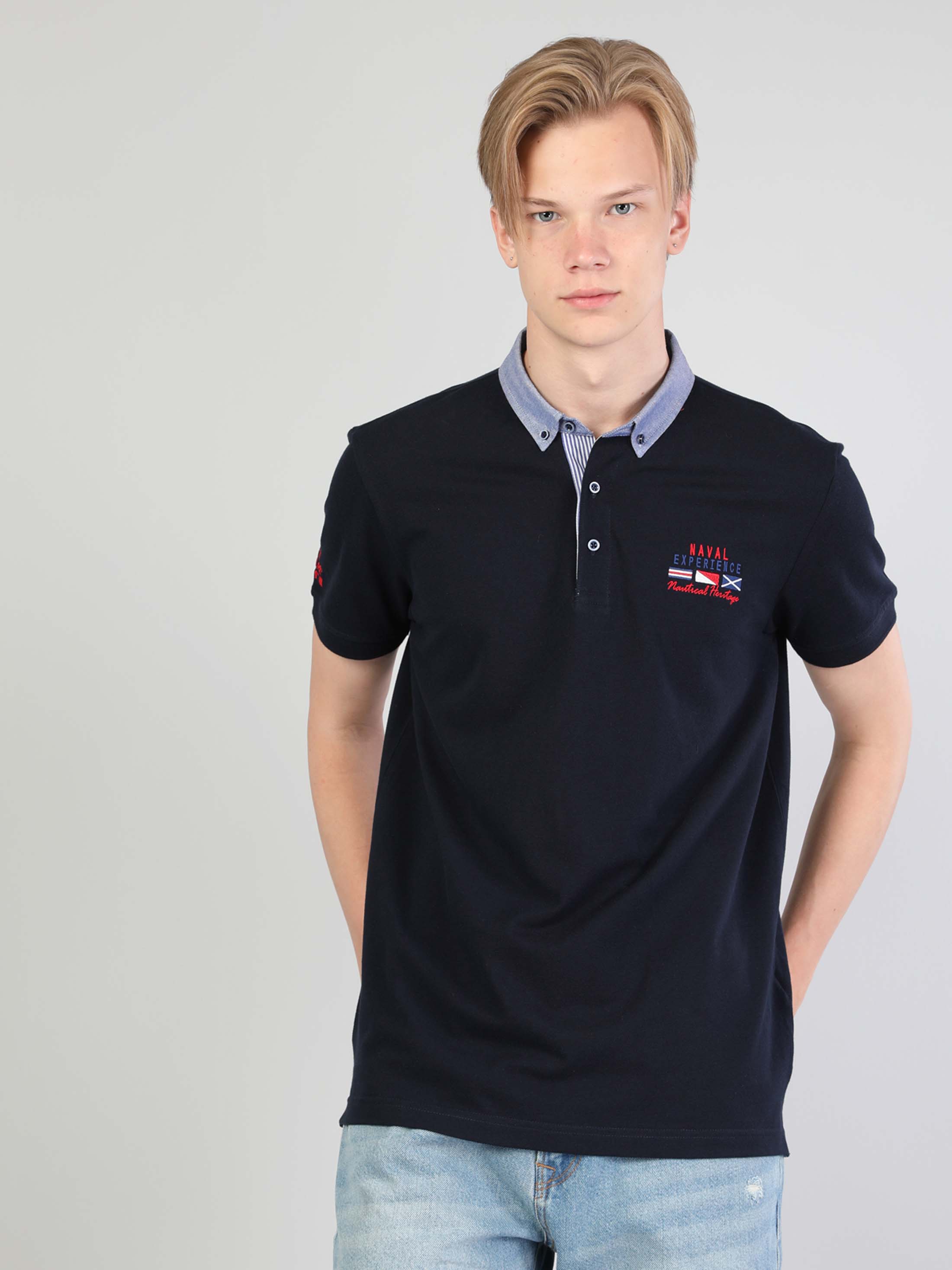 Afișați detalii pentru Tricou Polo Cu Maneca Scurta De Barbati Albastru Marin Regular Fit  Cl1042602