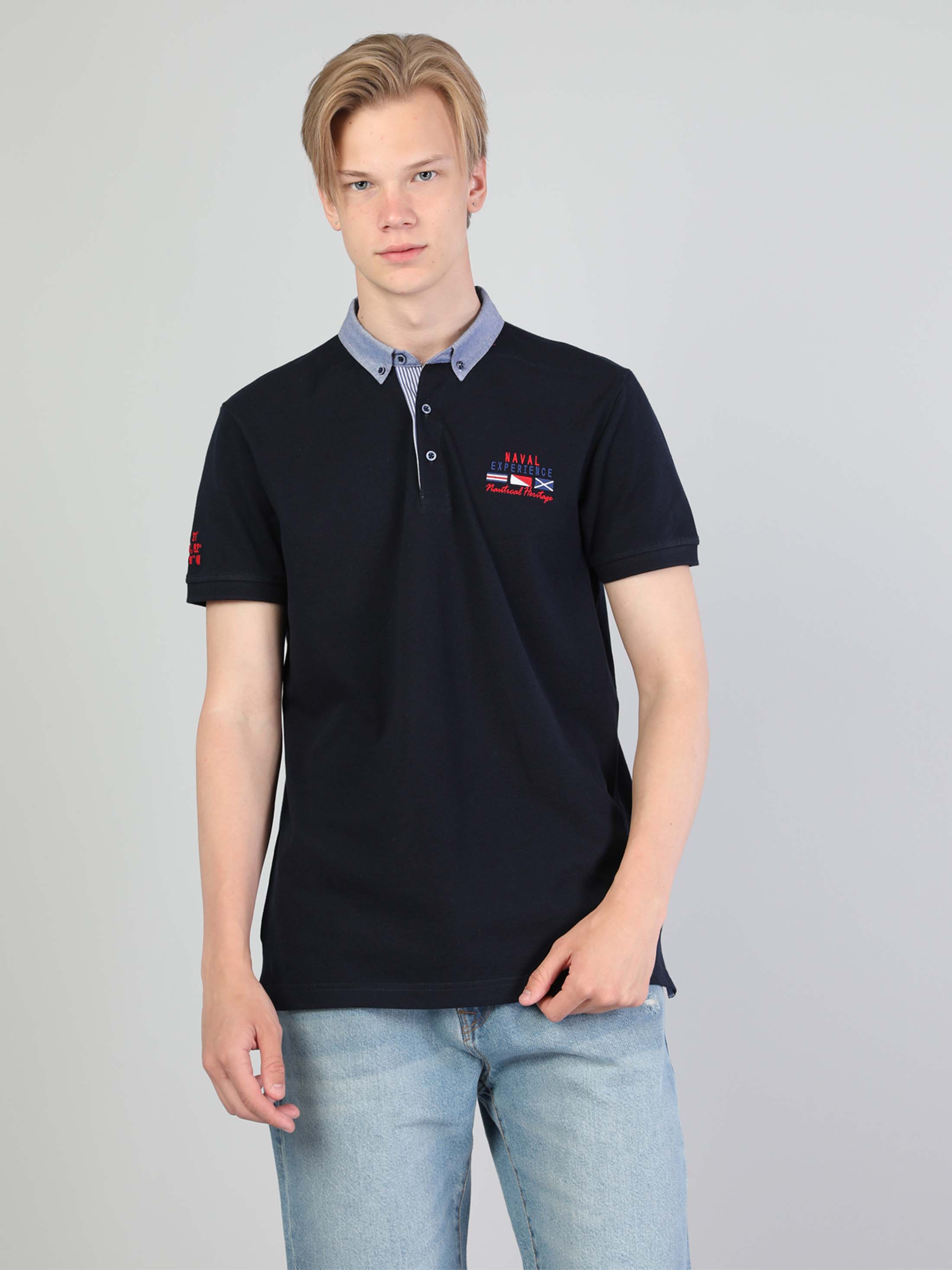 Afișați detalii pentru Tricou Polo Cu Maneca Scurta De Barbati Albastru Marin Regular Fit  Cl1042602