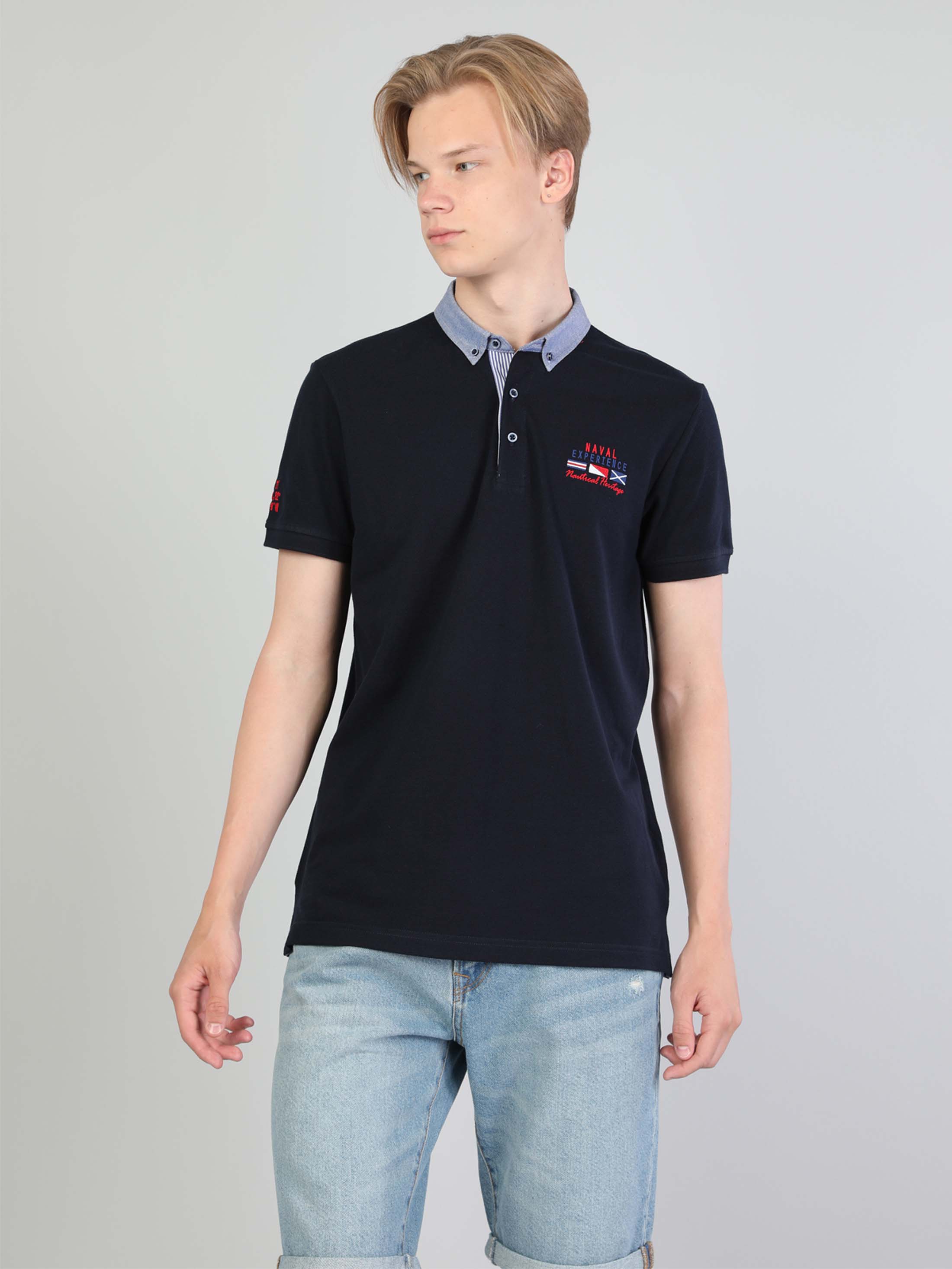 Afișați detalii pentru Tricou Polo Cu Maneca Scurta De Barbati Albastru Marin Regular Fit  Cl1042602