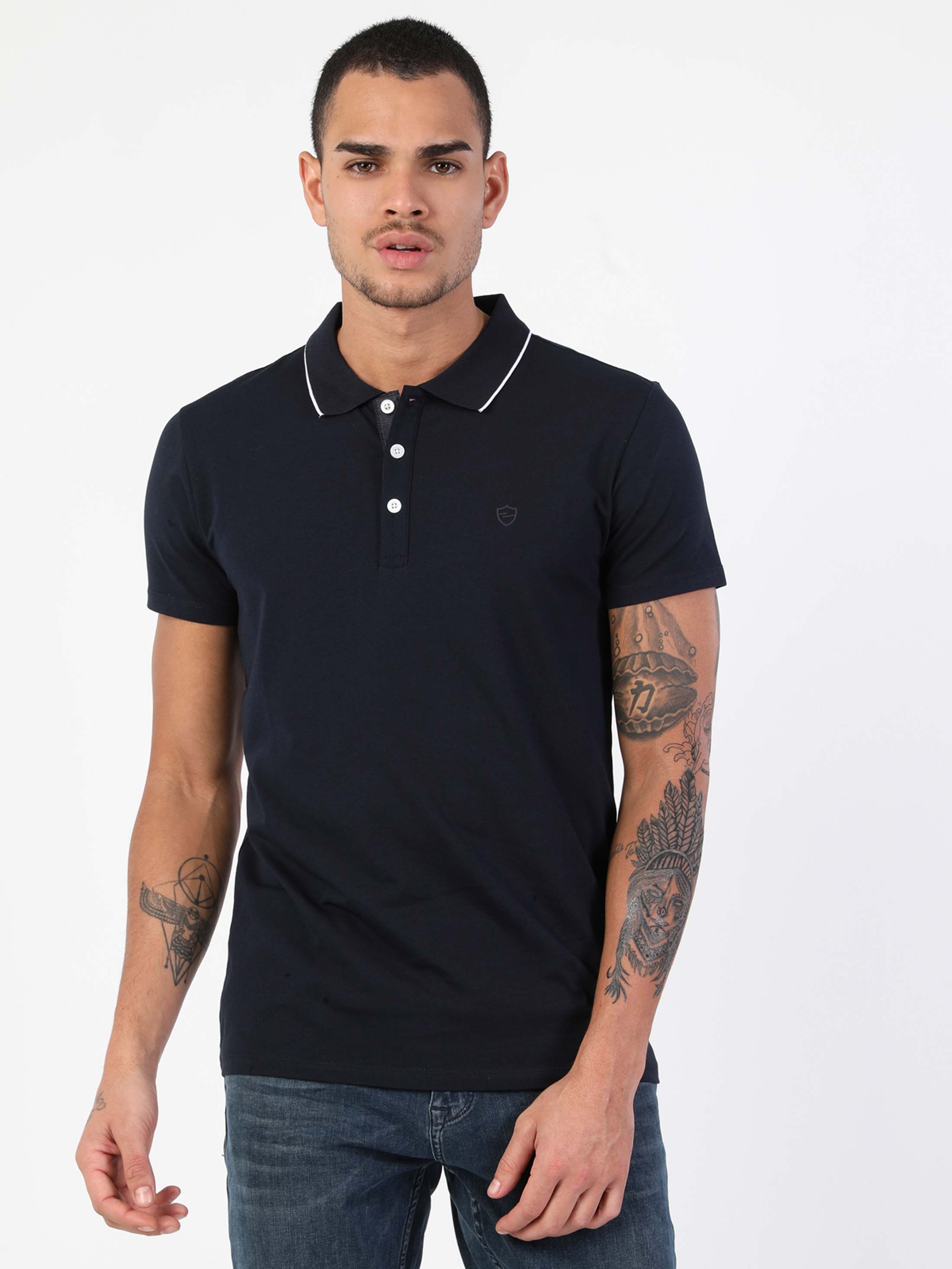 Afișați detalii pentru Tricou Polo Cu Maneca Scurta De Barbati Albastru Marin Slim Fit  Cl1048677