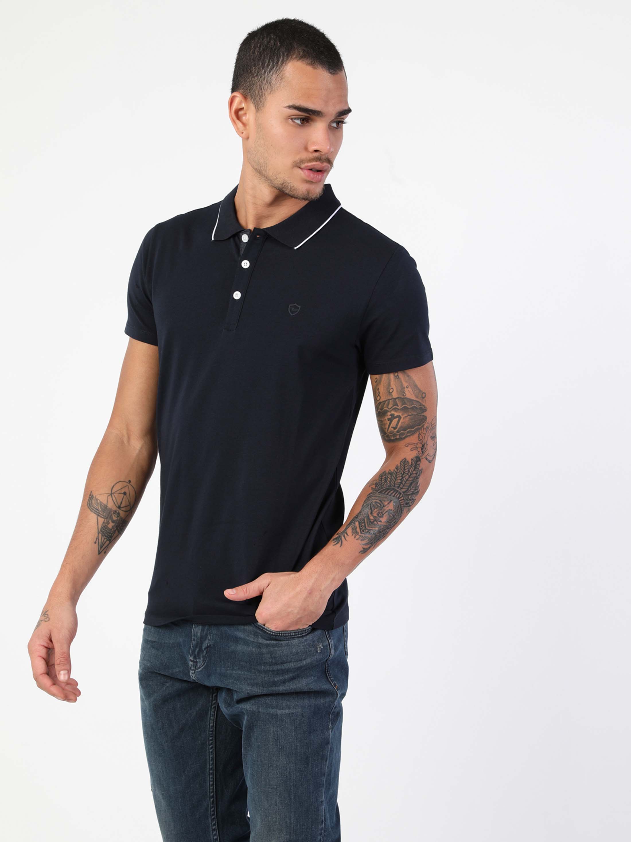 Afișați detalii pentru Tricou Polo Cu Maneca Scurta De Barbati Albastru Marin Slim Fit 