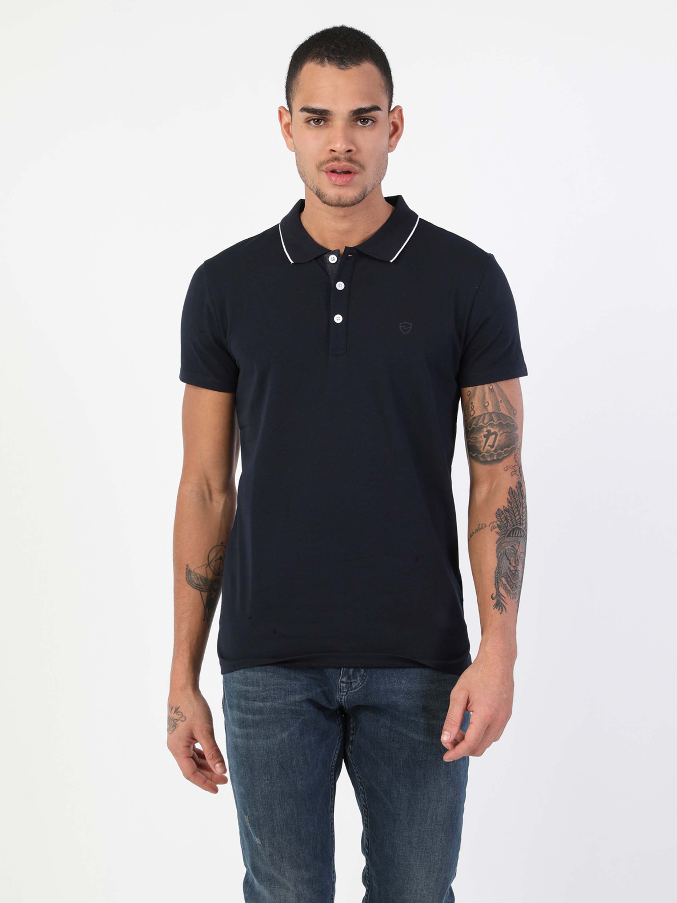 Afișați detalii pentru Tricou Polo Cu Maneca Scurta De Barbati Albastru Marin Slim Fit  Cl1048677