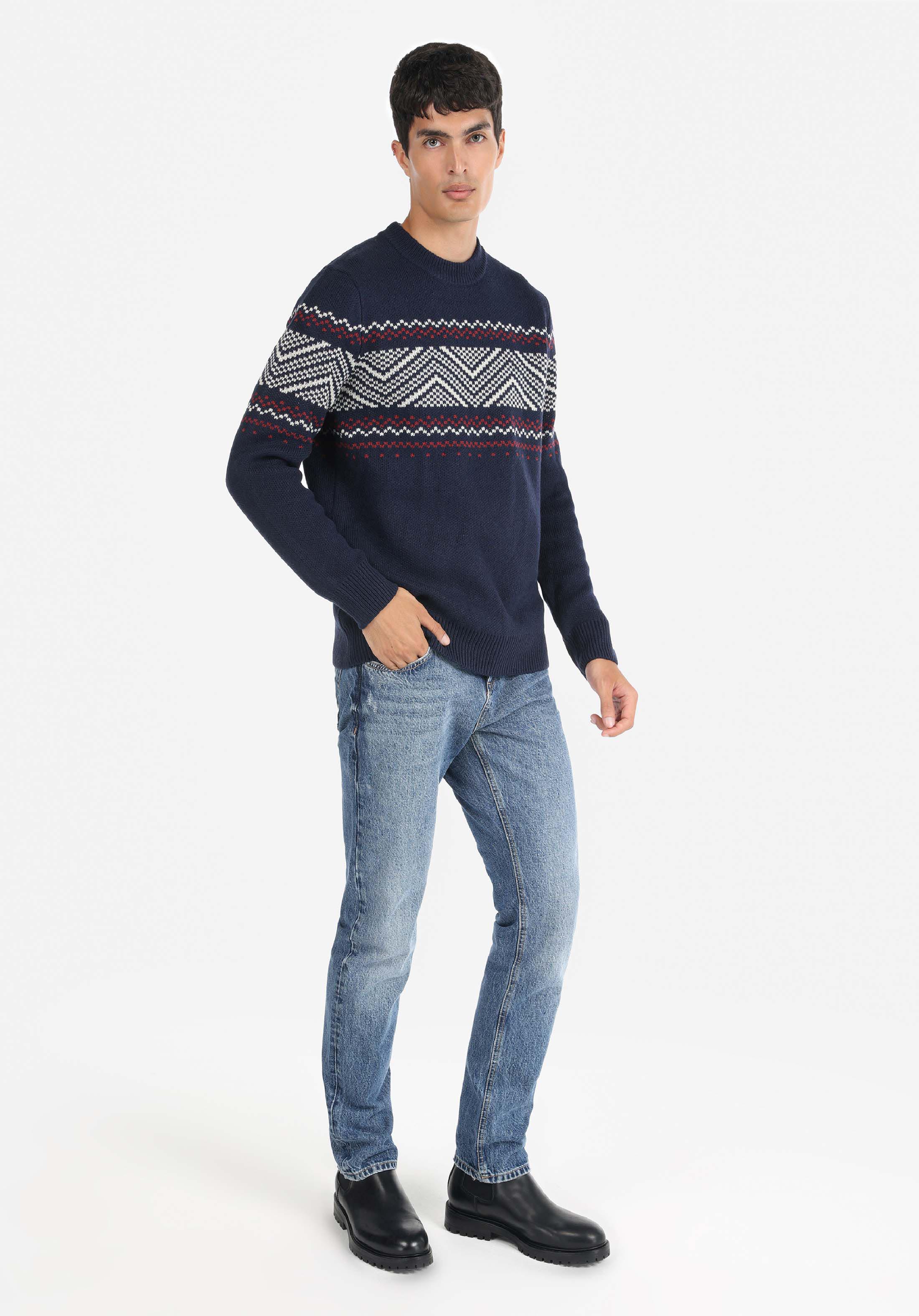 Afișați detalii pentru Pulover Regular Fit Round Neck Jacquard Bleumarin Pentru Bărbați