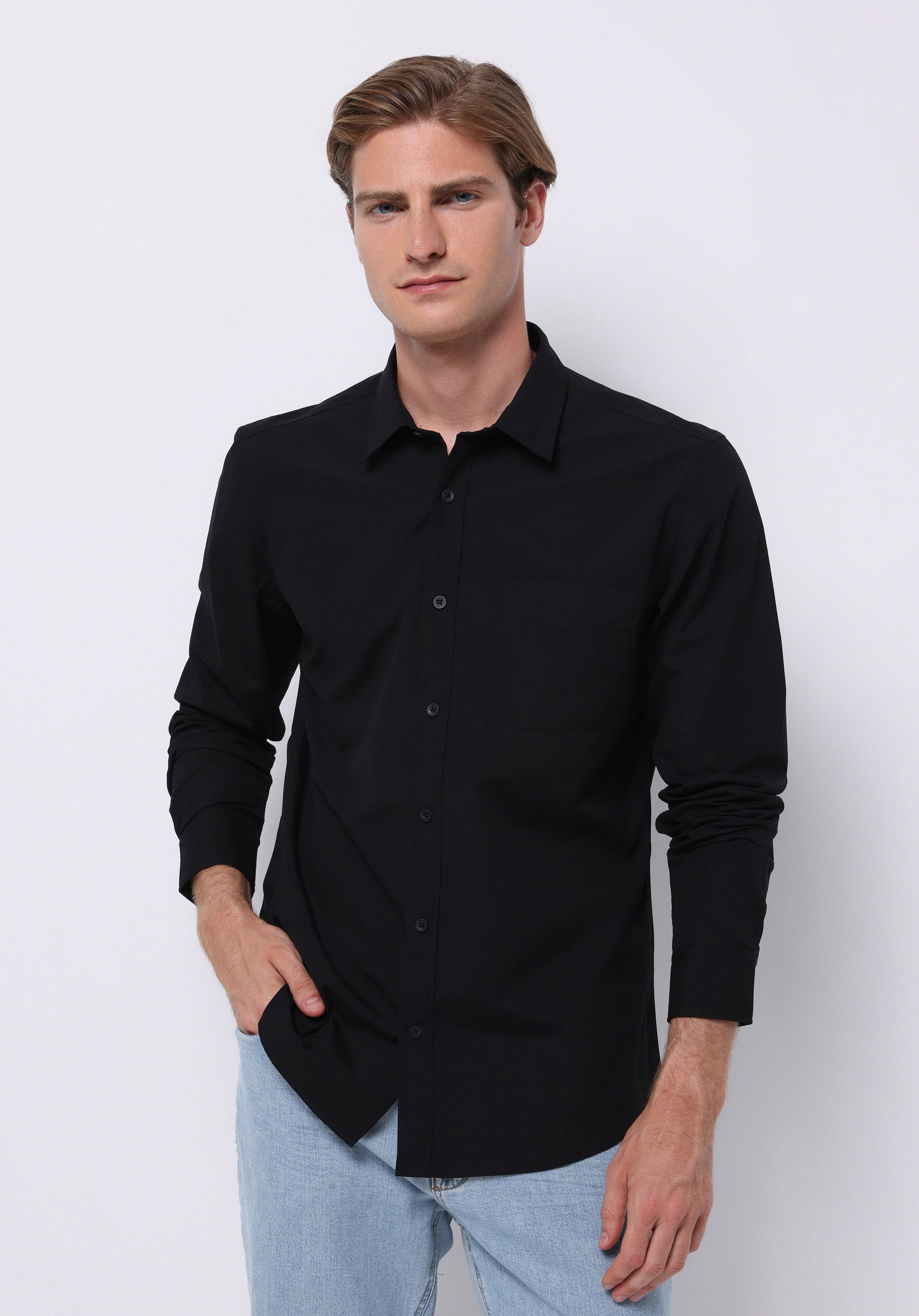 Afișați detalii pentru Cămașă Slim Fit Gât Drept Bărbați Negru Cămașă Cu Mânecă Lungă