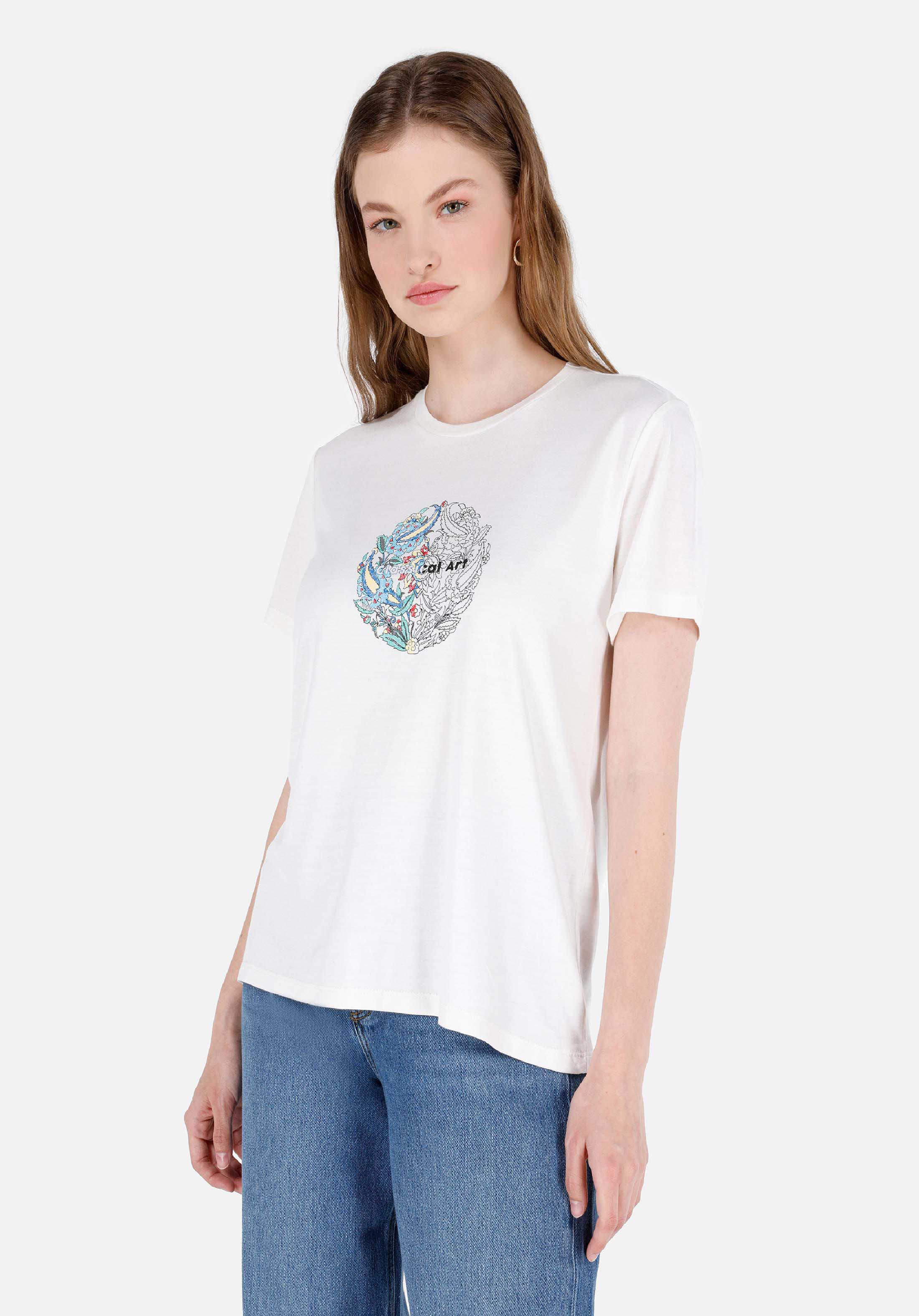 Afișați detalii pentru Regular Fit Round Neck Imprimat Tricou Alb Cu Mânecă Scurtă Pentru Femei