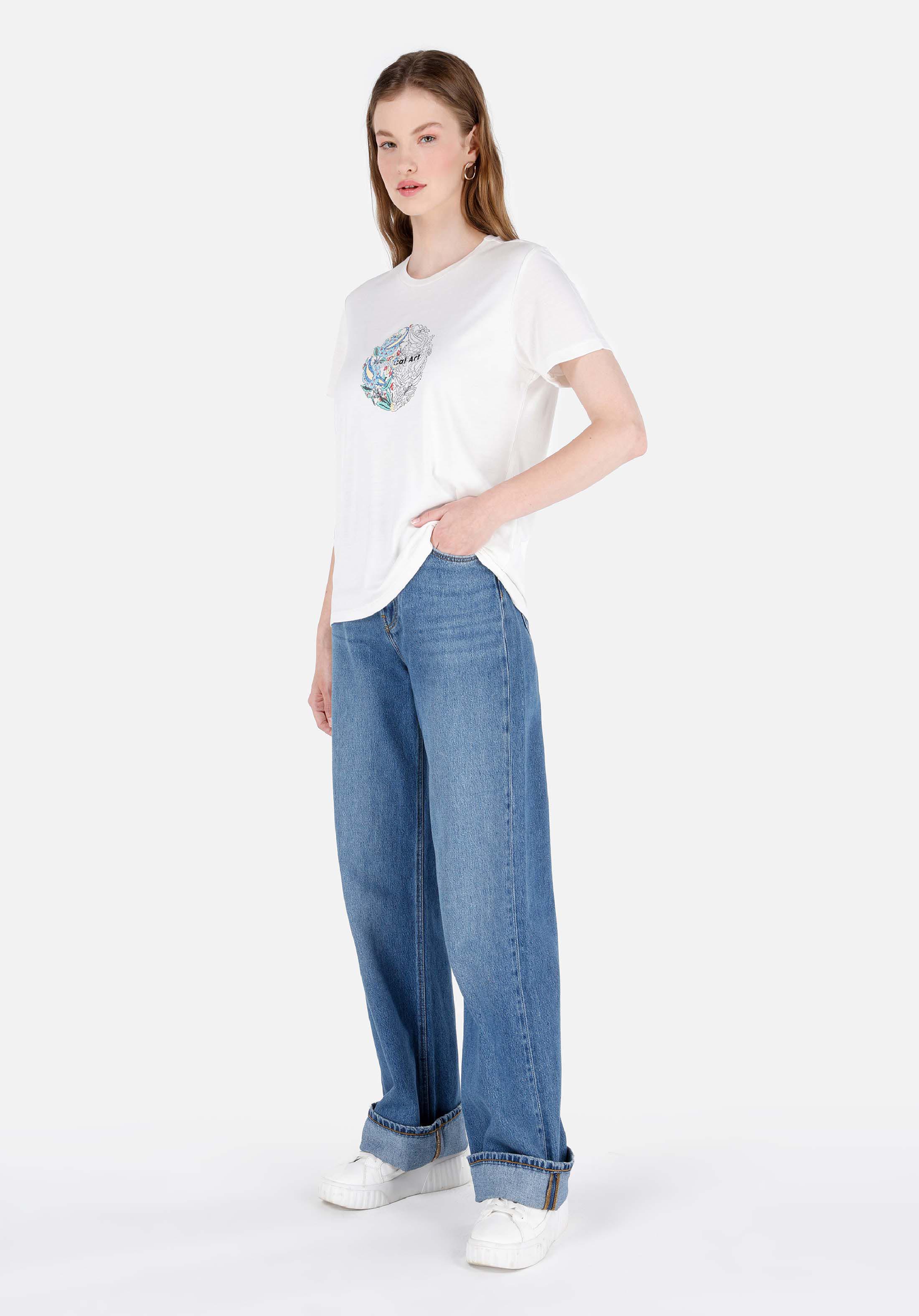 Afișați detalii pentru Regular Fit Round Neck Imprimat Tricou Alb Cu Mânecă Scurtă Pentru Femei