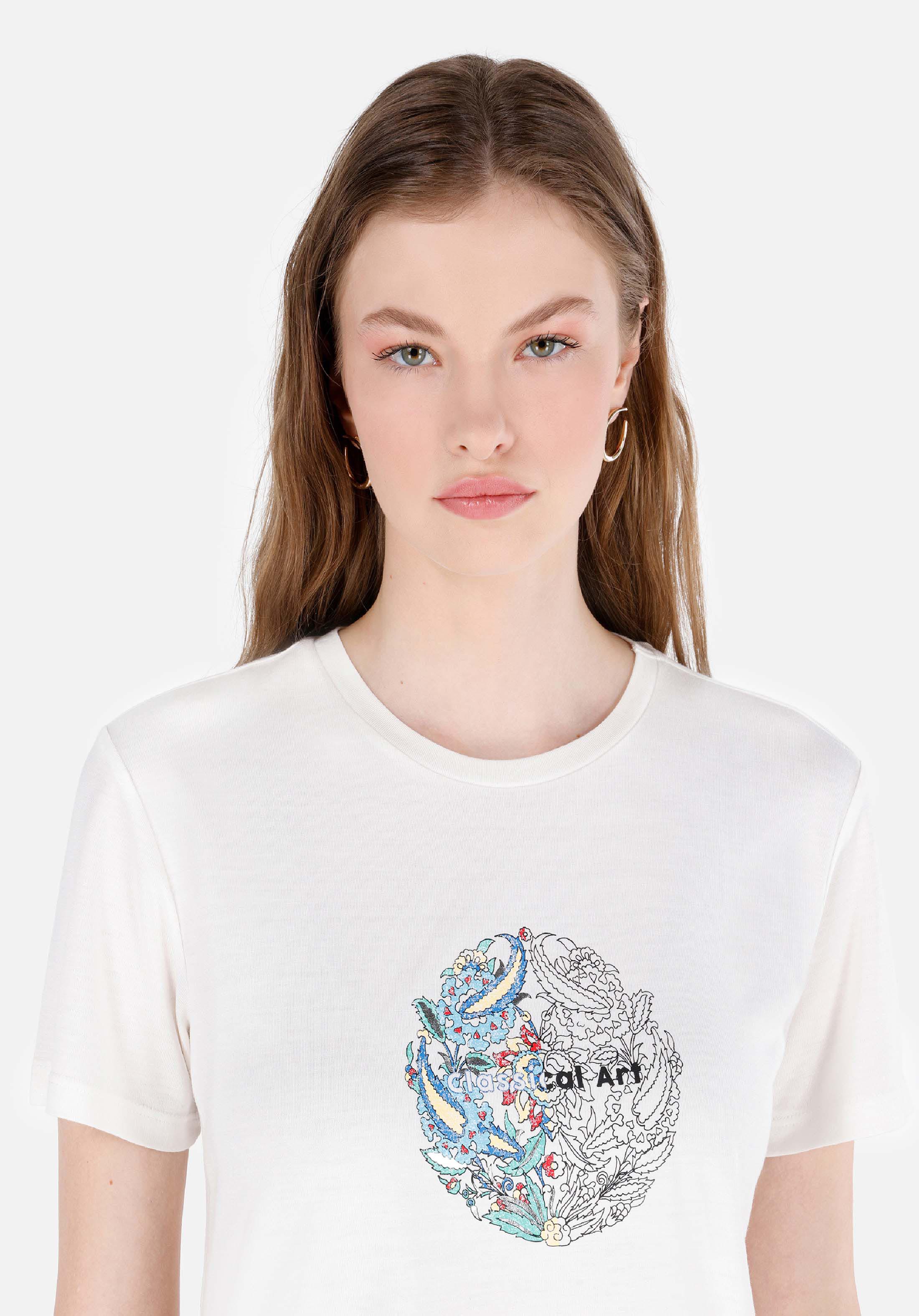 Afișați detalii pentru Regular Fit Round Neck Imprimat Tricou Alb Cu Mânecă Scurtă Pentru Femei