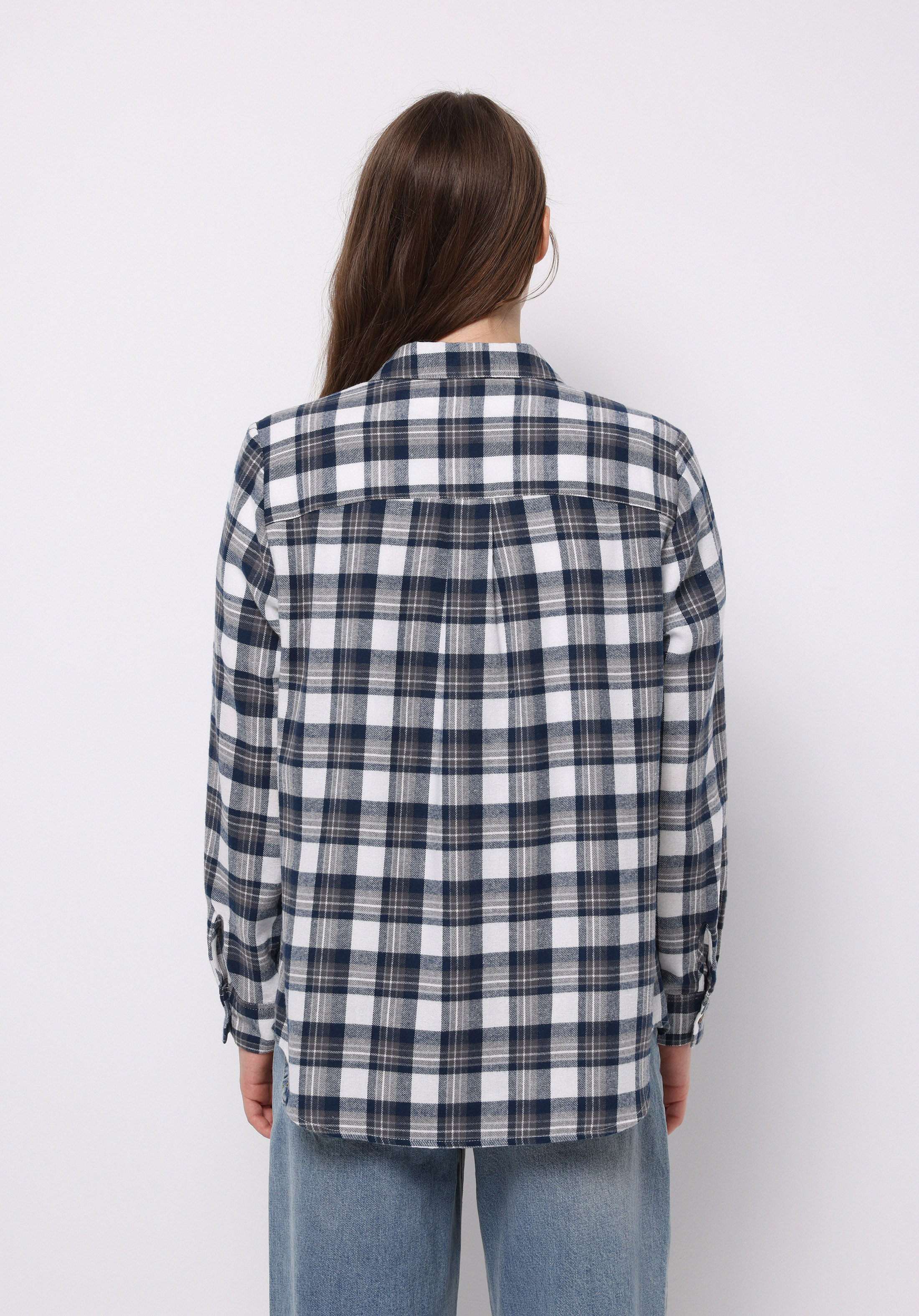 Afișați detalii pentru Cămașă Regular Fit Gât În Carouri Cămașă Albastră Cu Mânecă Lungă Pentru Femei