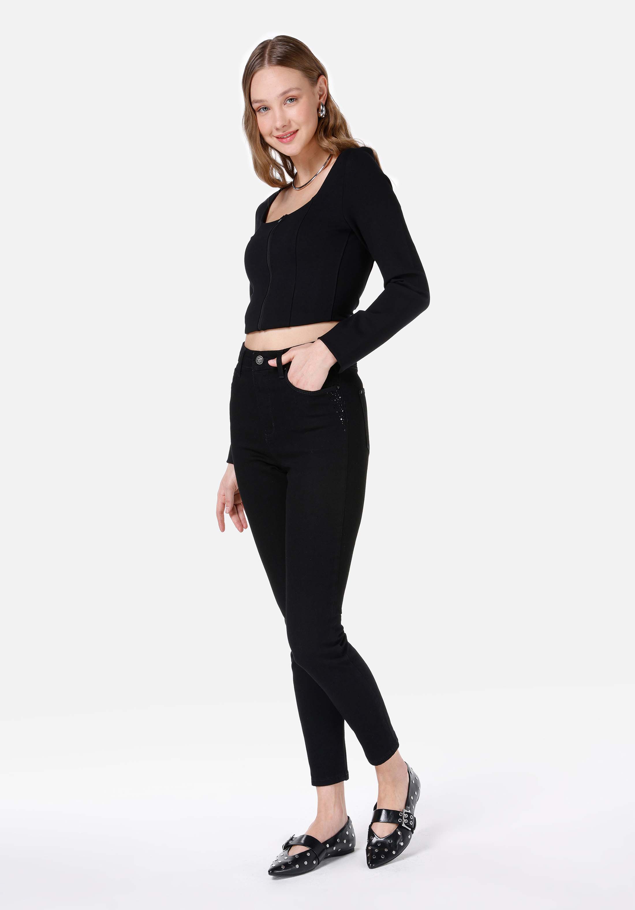 Afișați detalii pentru Skinny Fit Rise Waist Super Narrow Leg Blugi İndigo Pentru Femei