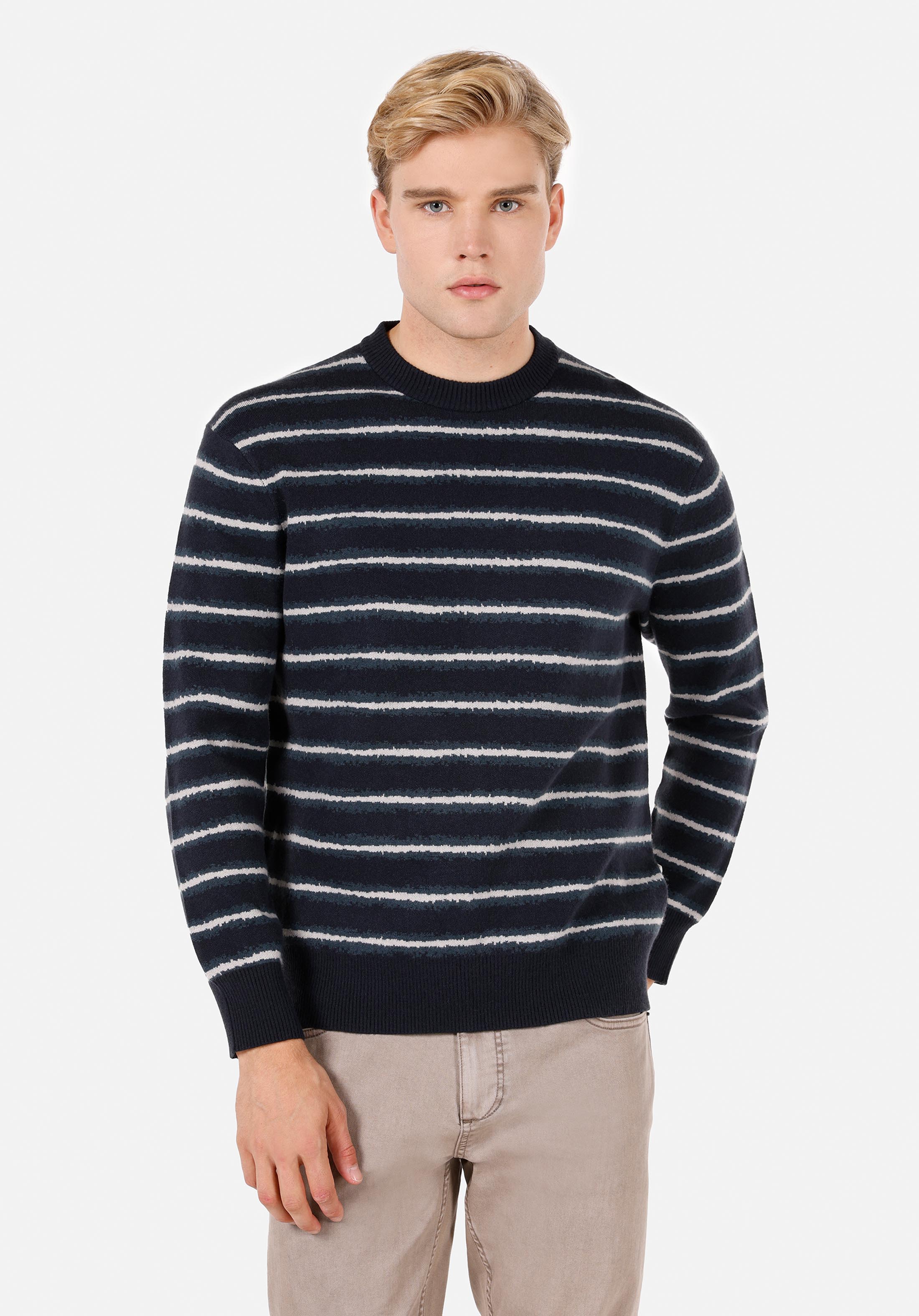Afișați detalii pentru Pulover Regular Fit Round Neck Striped Bleumarin Pentru Bărbați