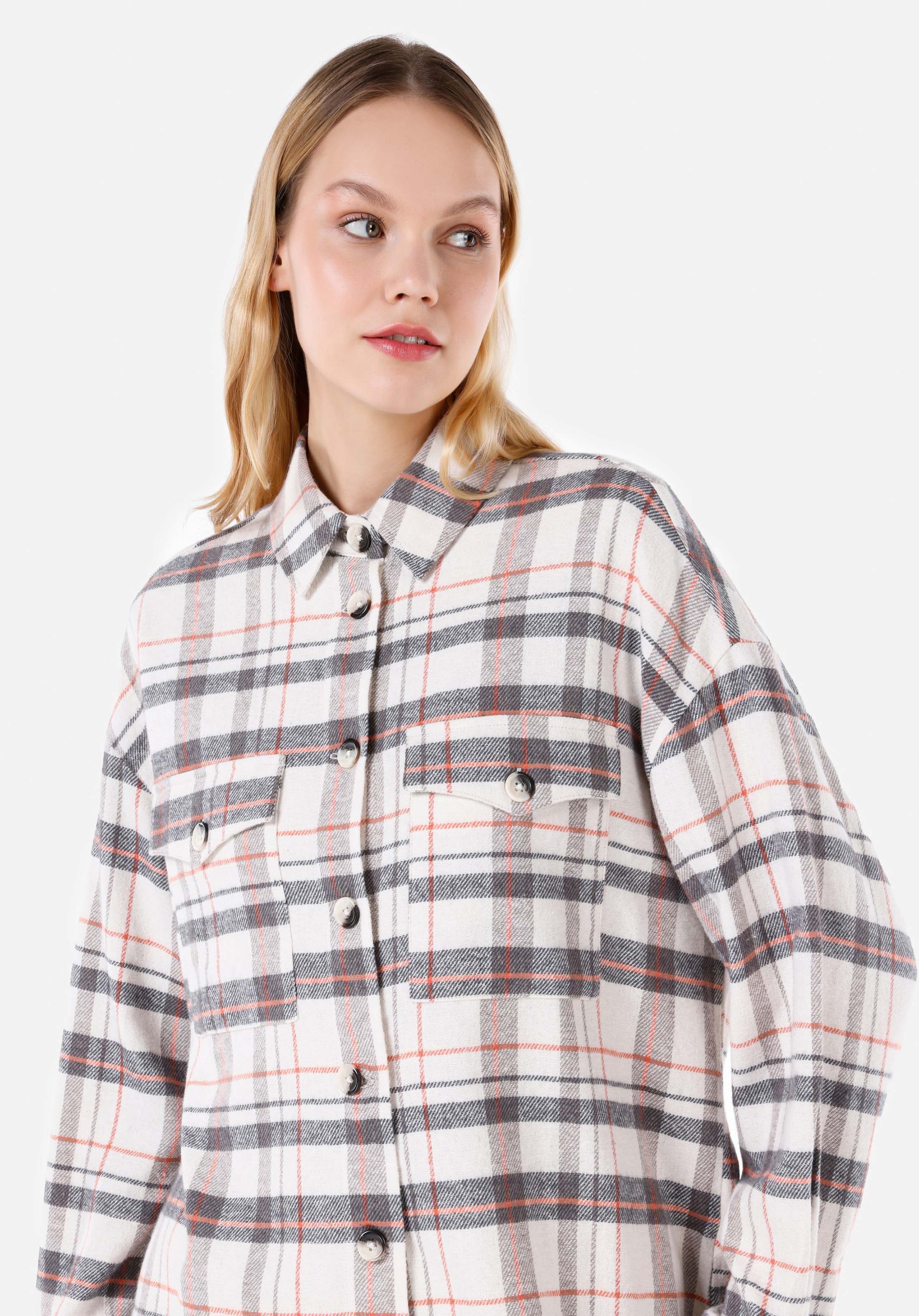 Afișați detalii pentru Cămașă Regular Fit Gât În Carouri Cămașă Albă Cu Mânecă Lungă Pentru Femei