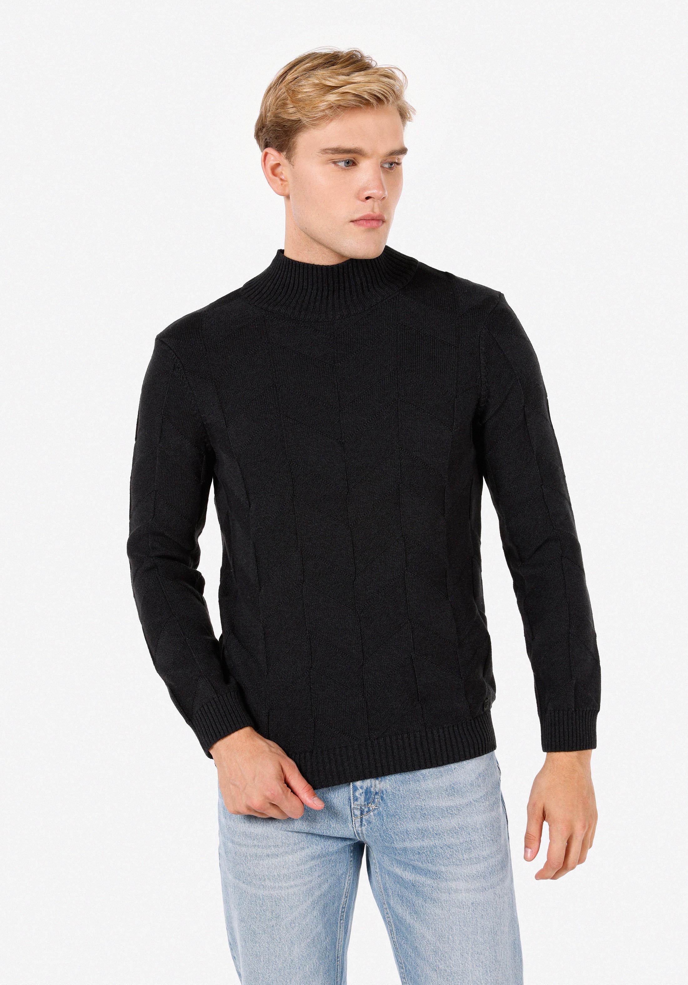 Afișați detalii pentru Pulover Slim Fit Turtle Neck Jacquard Pentru Bărbați Antracit