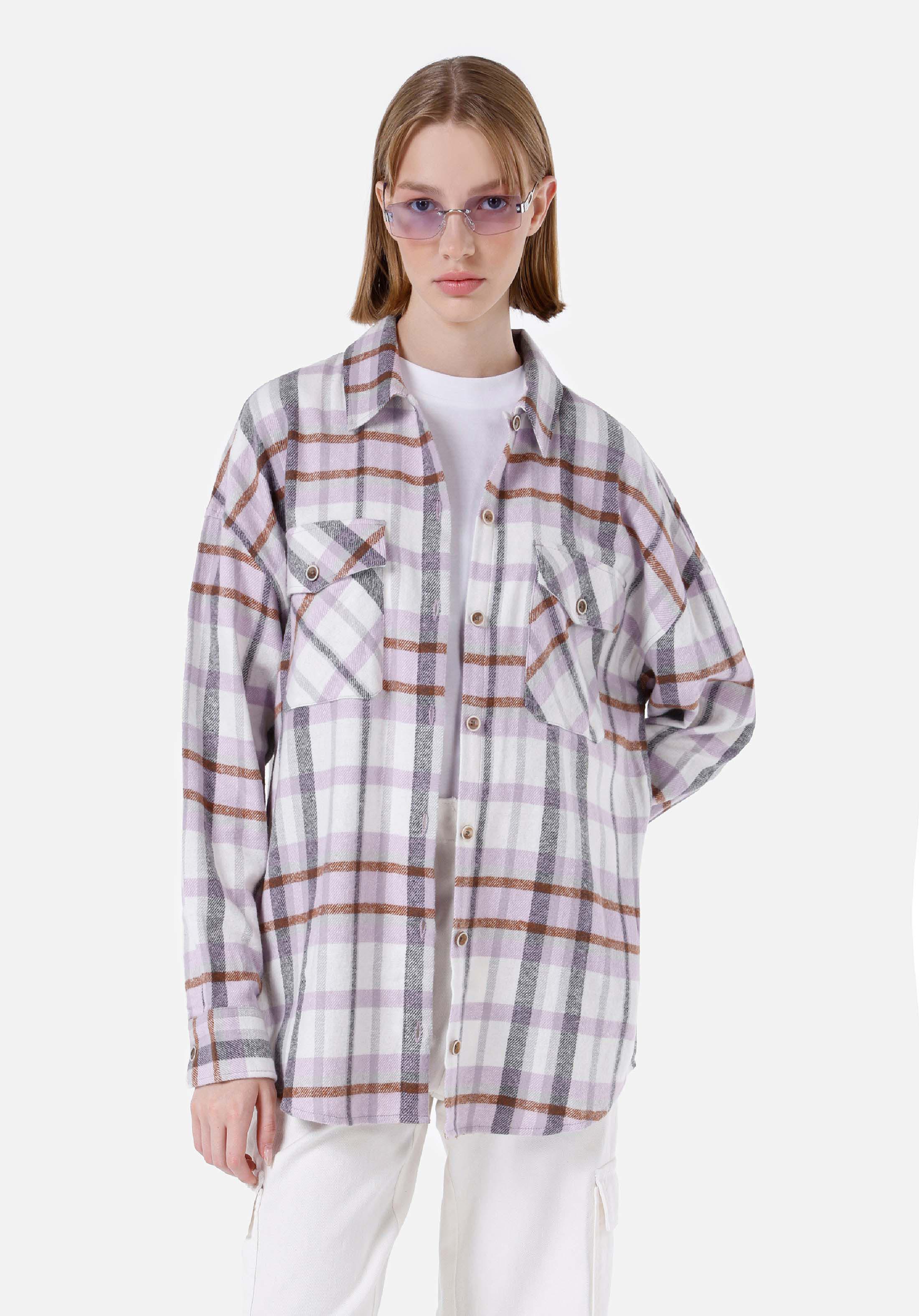 Afișați detalii pentru Cămașă Cu Croială Relaxată Cămașă În Carouri Cămașă Cu Mânecă Lungă Mov Pentru Femei