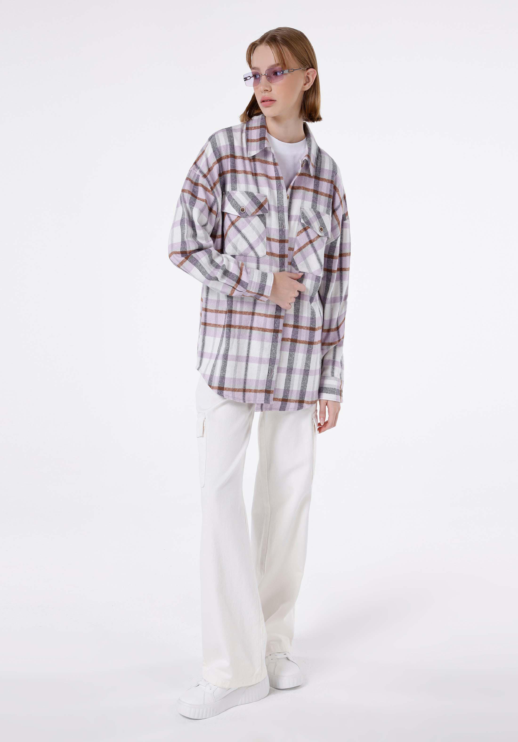 Afișați detalii pentru Cămașă Cu Croială Relaxată Cămașă În Carouri Cămașă Cu Mânecă Lungă Mov Pentru Femei