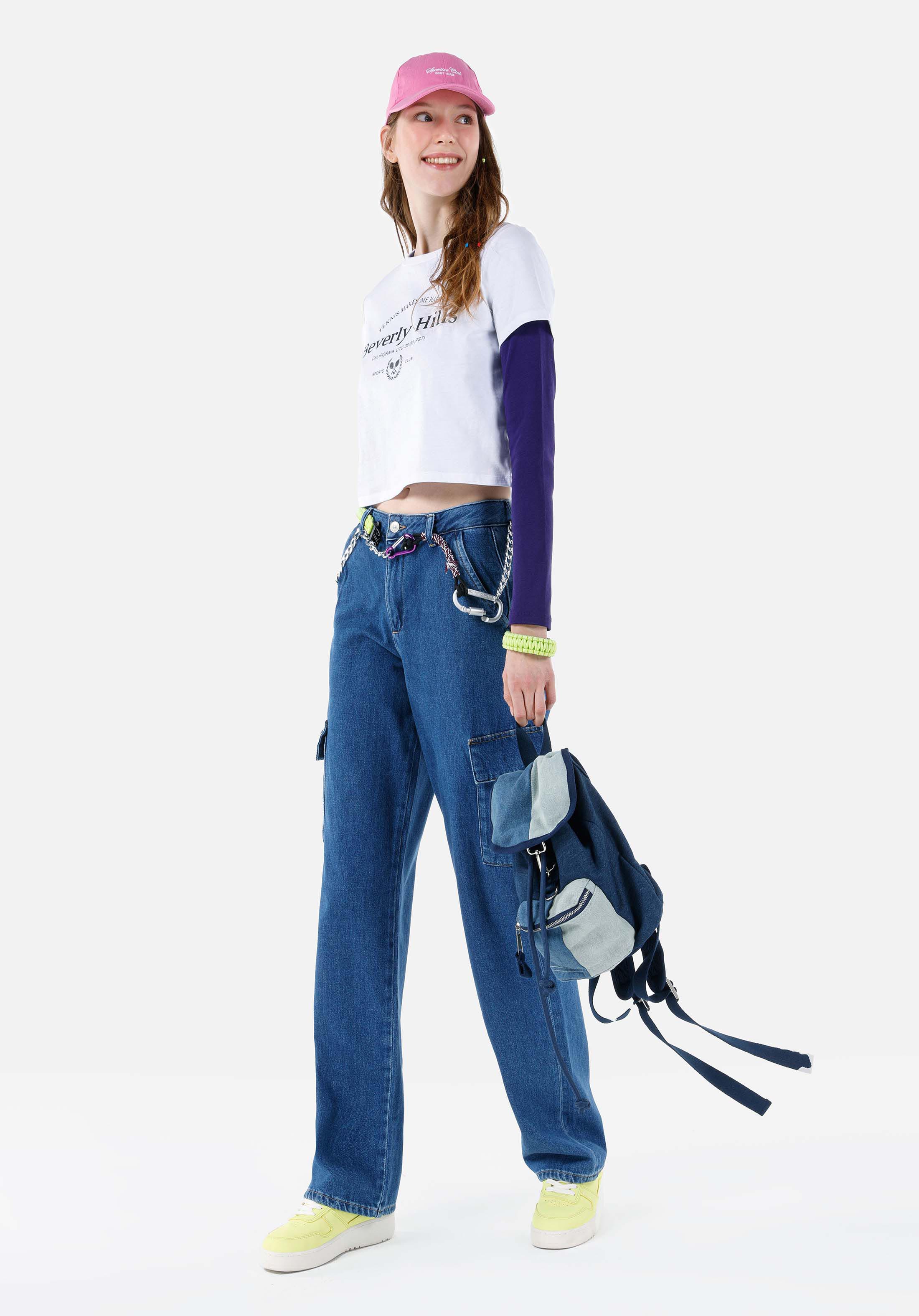 Afișați detalii pentru Cargo Fit Mid Waist Slim Leg Blugi Din Denim Pentru Femei