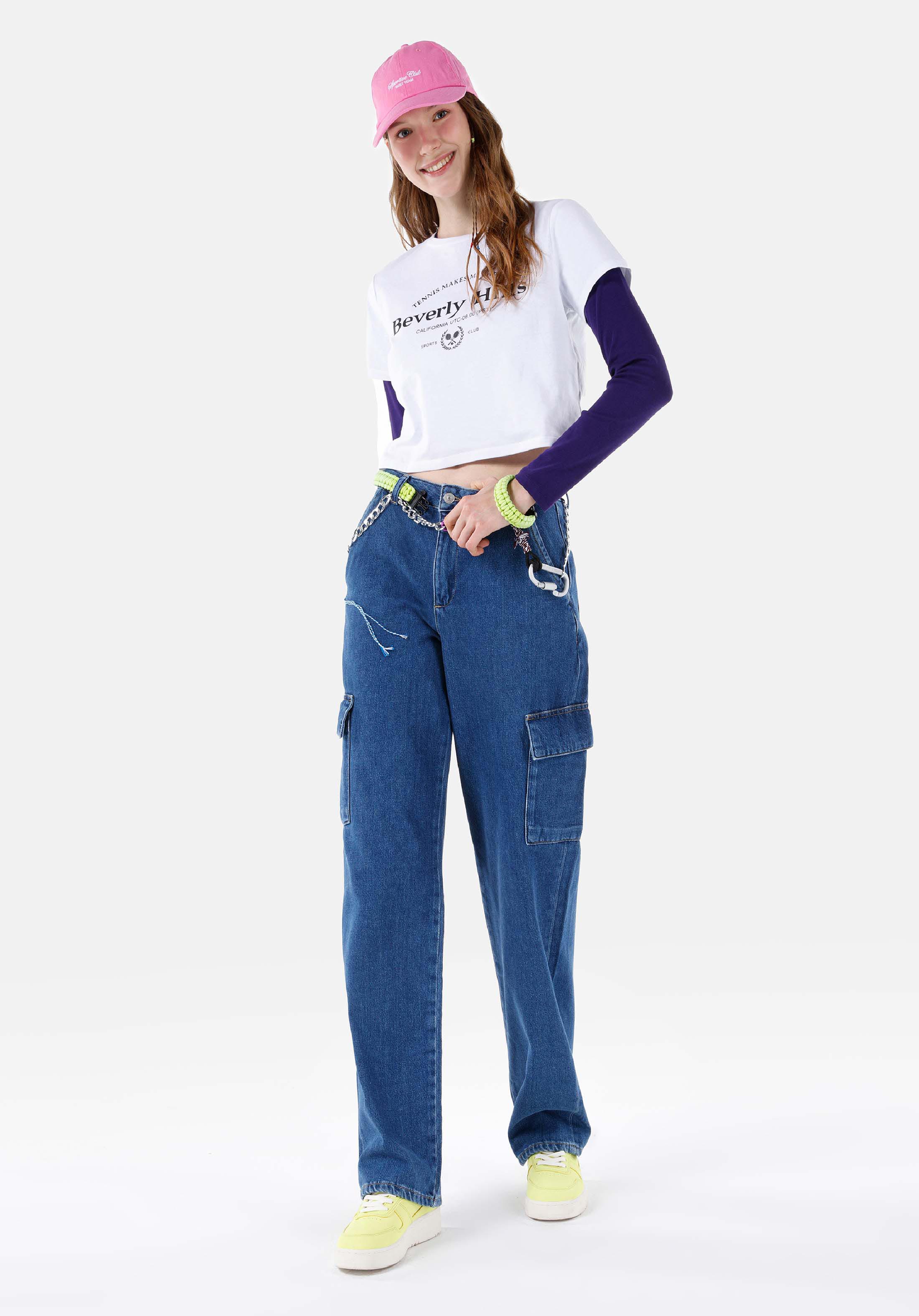 Afișați detalii pentru Cargo Fit Mid Waist Slim Leg Blugi Din Denim Pentru Femei